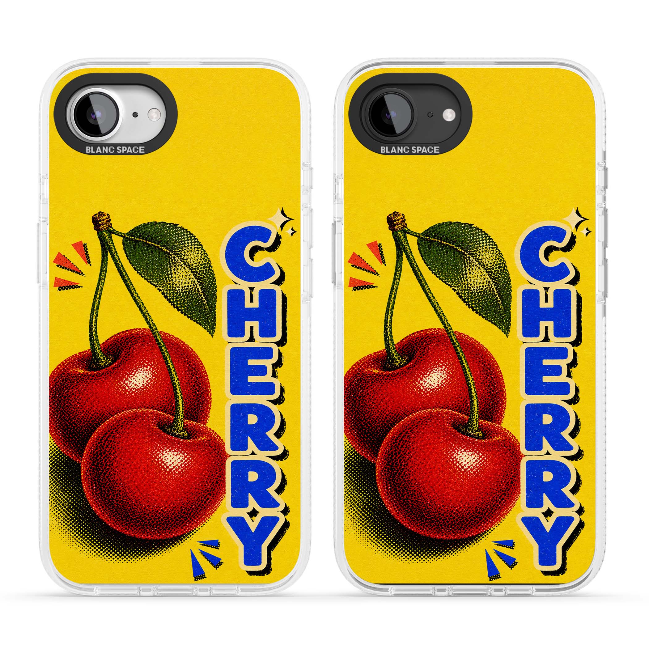 Cherry Yellow y2k iPhone case featuring two red cherries, halftone shading and bold blue CHERRY lettering on yellow | Clear Case Impact Air case for iPhone 16e, iPhone 17e