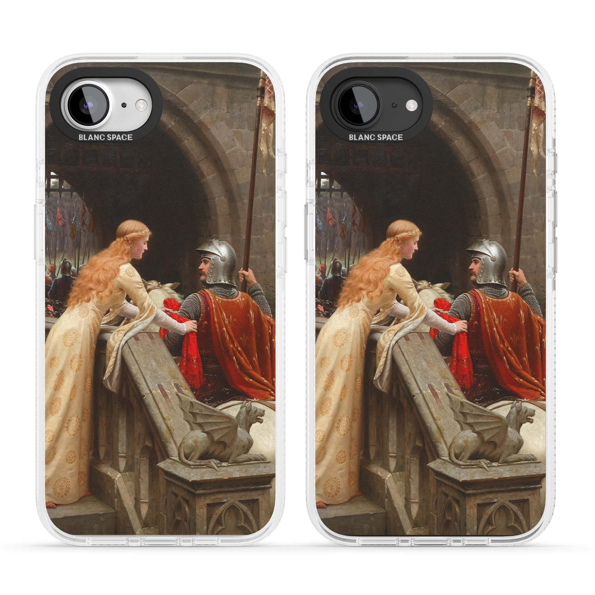 God Speed fine art iPhone case featuring Edmund Blair Leighton's medieval knight and lady beneath a stone archway | Clear Case Impact Air case for iPhone 16e, iPhone 17e