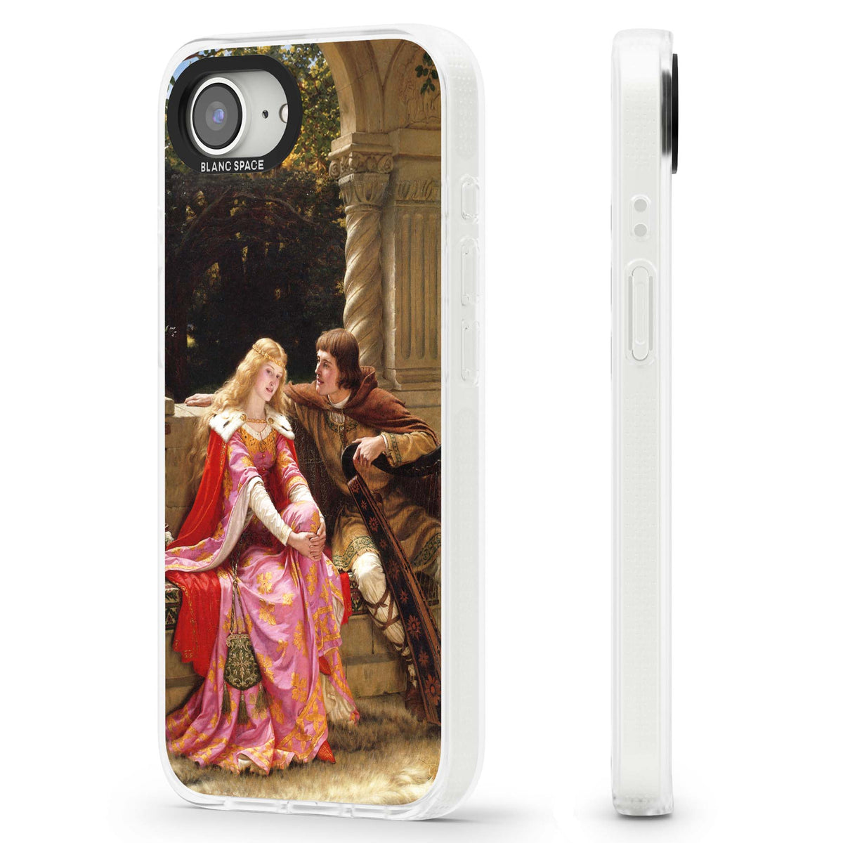 The End of the Song classic art iPhone case featuring a medieval lady in pink gown and her knight in a stone archway | Clear Case Impact Air case for iPhone 16e, iPhone 17e