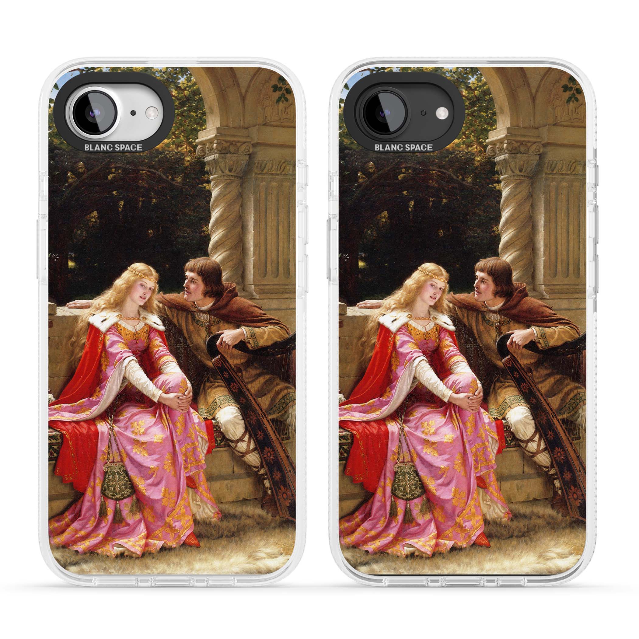 The End of the Song classic art iPhone case featuring a medieval lady in pink gown and her knight in a stone archway | Clear Case Impact Air case for iPhone 16e, iPhone 17e