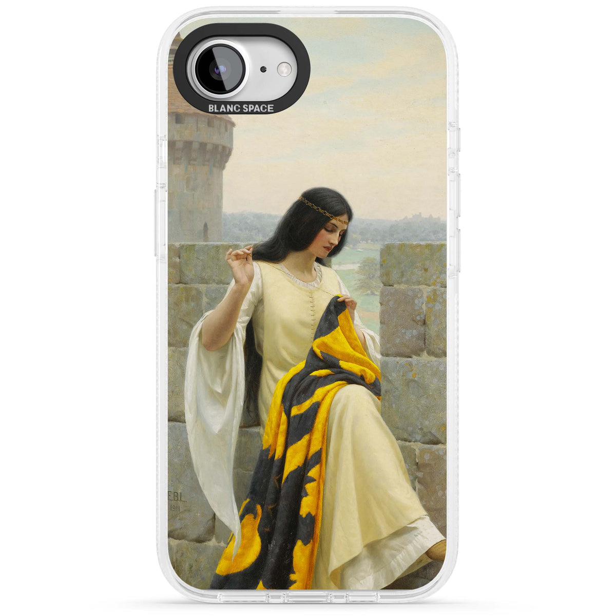 Stitching the Standard renaissance art iPhone case featuring a medieval lady sewing a golden banner on a castle wall | Clear Case Impact Air case for iPhone 16e, iPhone 17e