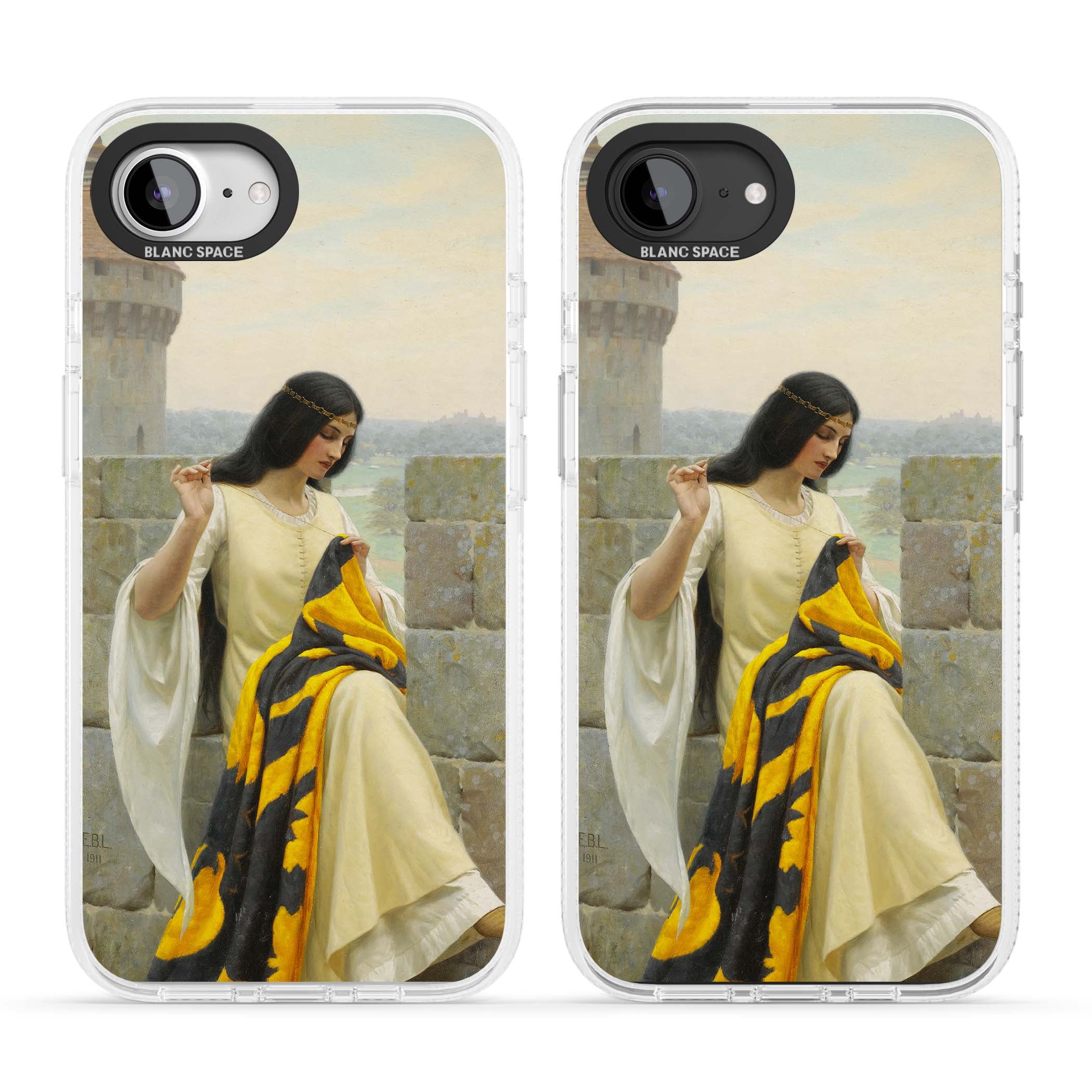 Stitching the Standard renaissance art iPhone case featuring a medieval lady sewing a golden banner on a castle wall | Clear Case Impact Air case for iPhone 16e, iPhone 17e