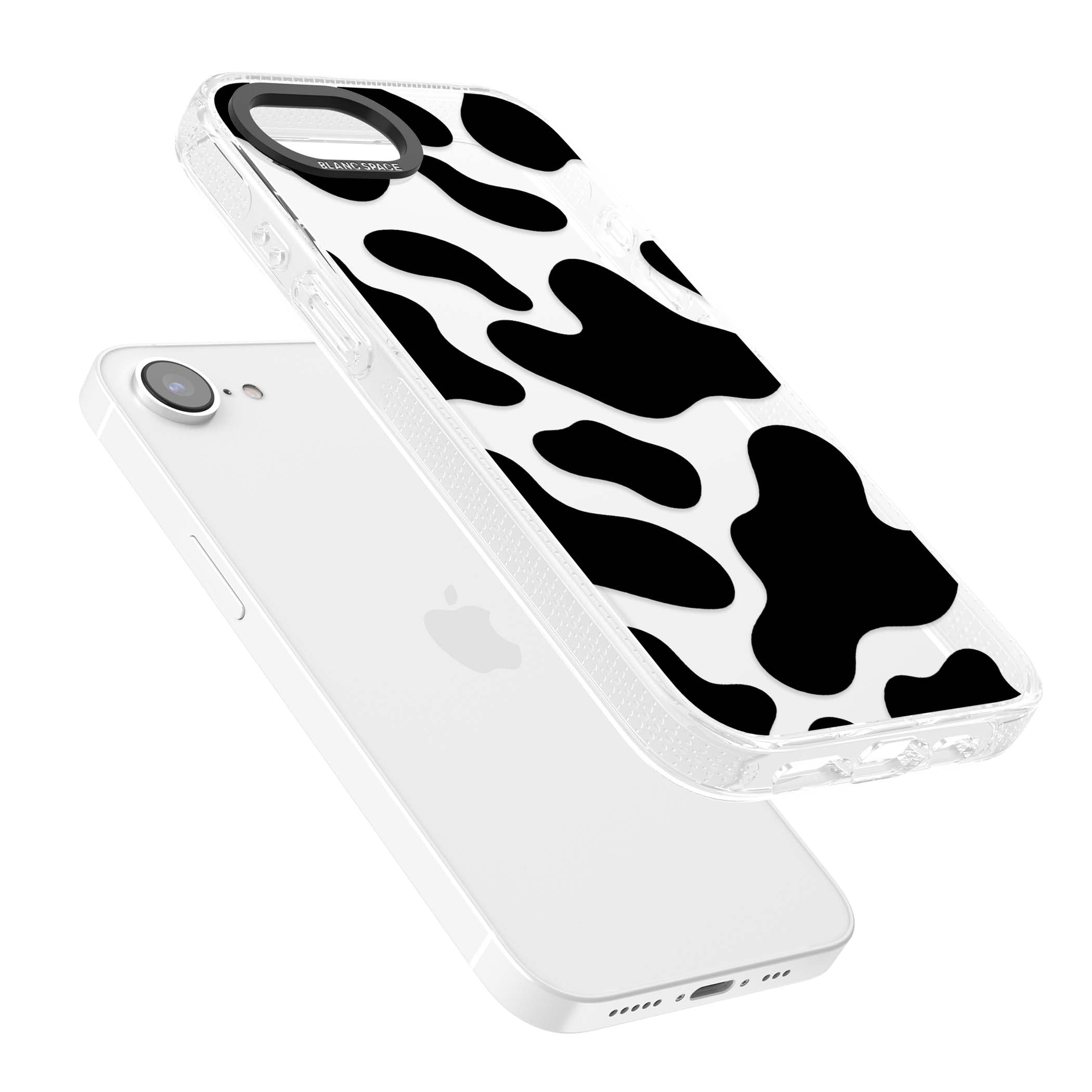 Clear Cow Print cow print iPhone case featuring black and white cow pattern splotches on a clear background | Clear Case Impact Air case for iPhone 16e, iPhone 17e