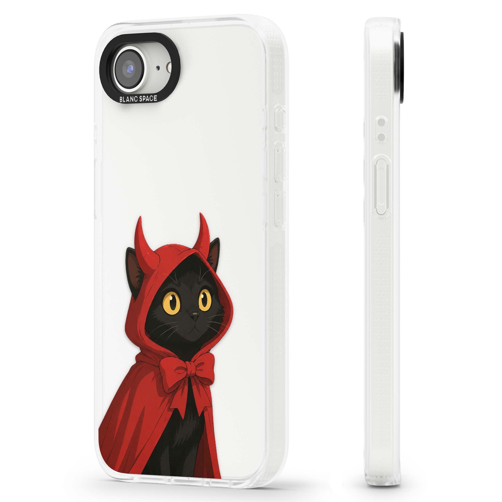 Little Devil halloween iPhone case featuring a black cat in a red hooded devil cloak with horns and golden eyes | Clear Case Impact Air case for iPhone 16e, iPhone 17e
