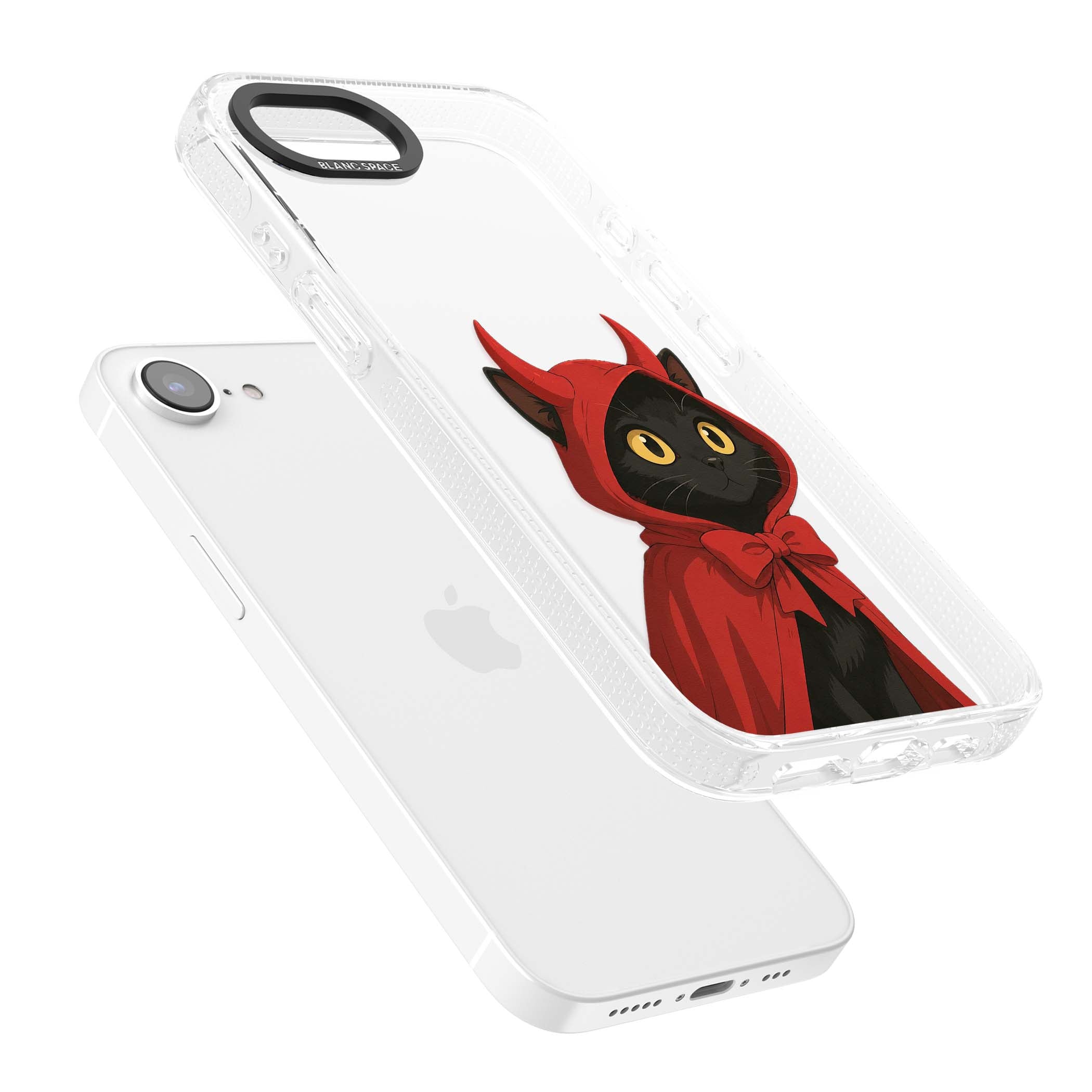 Little Devil halloween iPhone case featuring a black cat in a red hooded devil cloak with horns and golden eyes | Clear Case Impact Air case for iPhone 16e, iPhone 17e