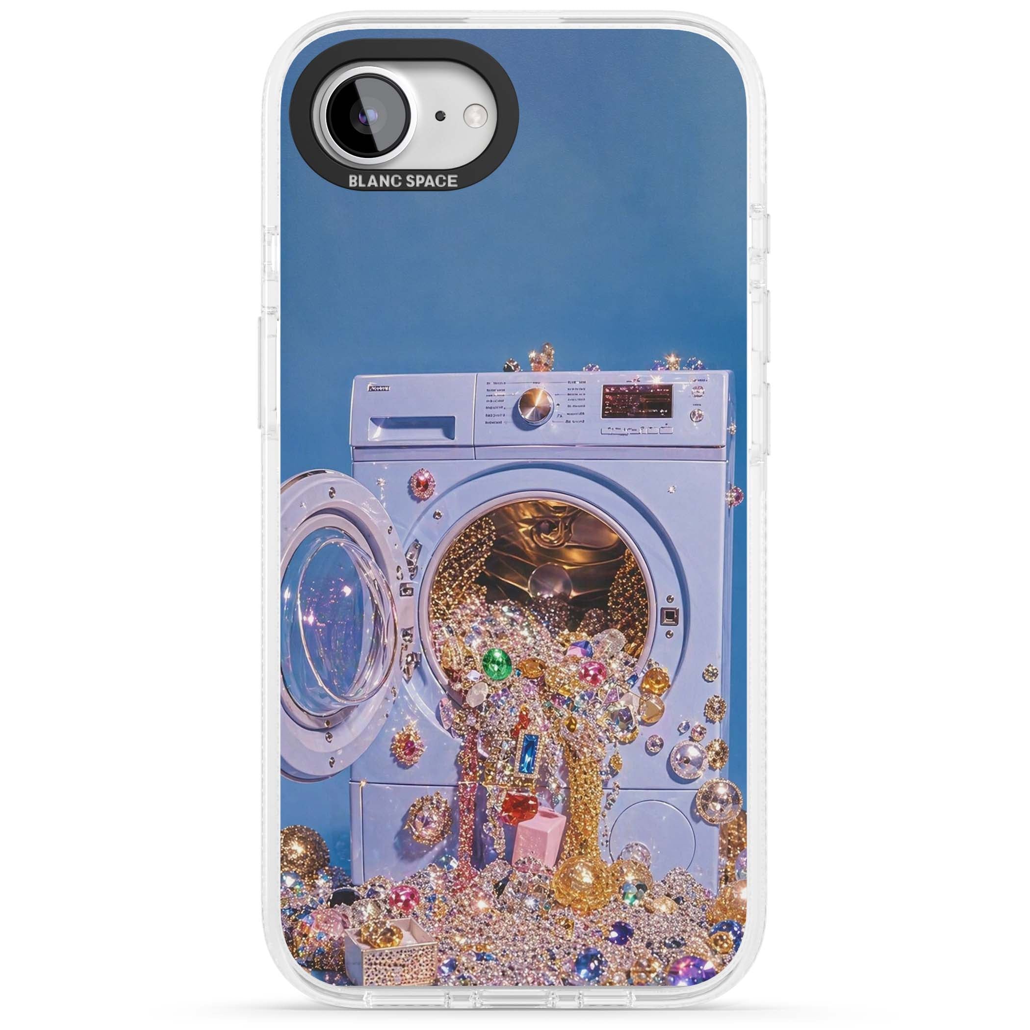 Gem Laundry baddie iPhone case featuring a surreal washing machine overflowing with colourful gemstones and crystals | Clear Case Impact Air case for iPhone 16e, iPhone 17e