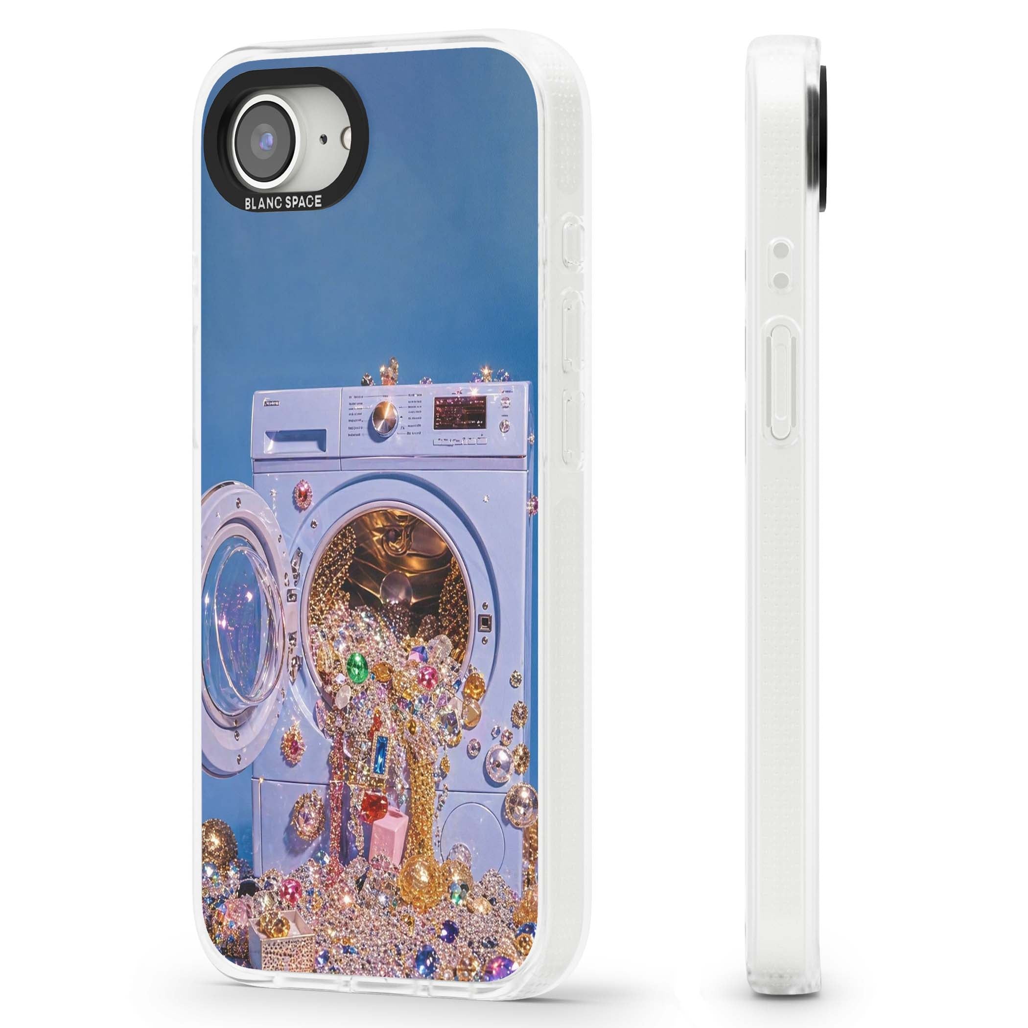 Gem Laundry baddie iPhone case featuring a surreal washing machine overflowing with colourful gemstones and crystals | Clear Case Impact Air case for iPhone 16e, iPhone 17e