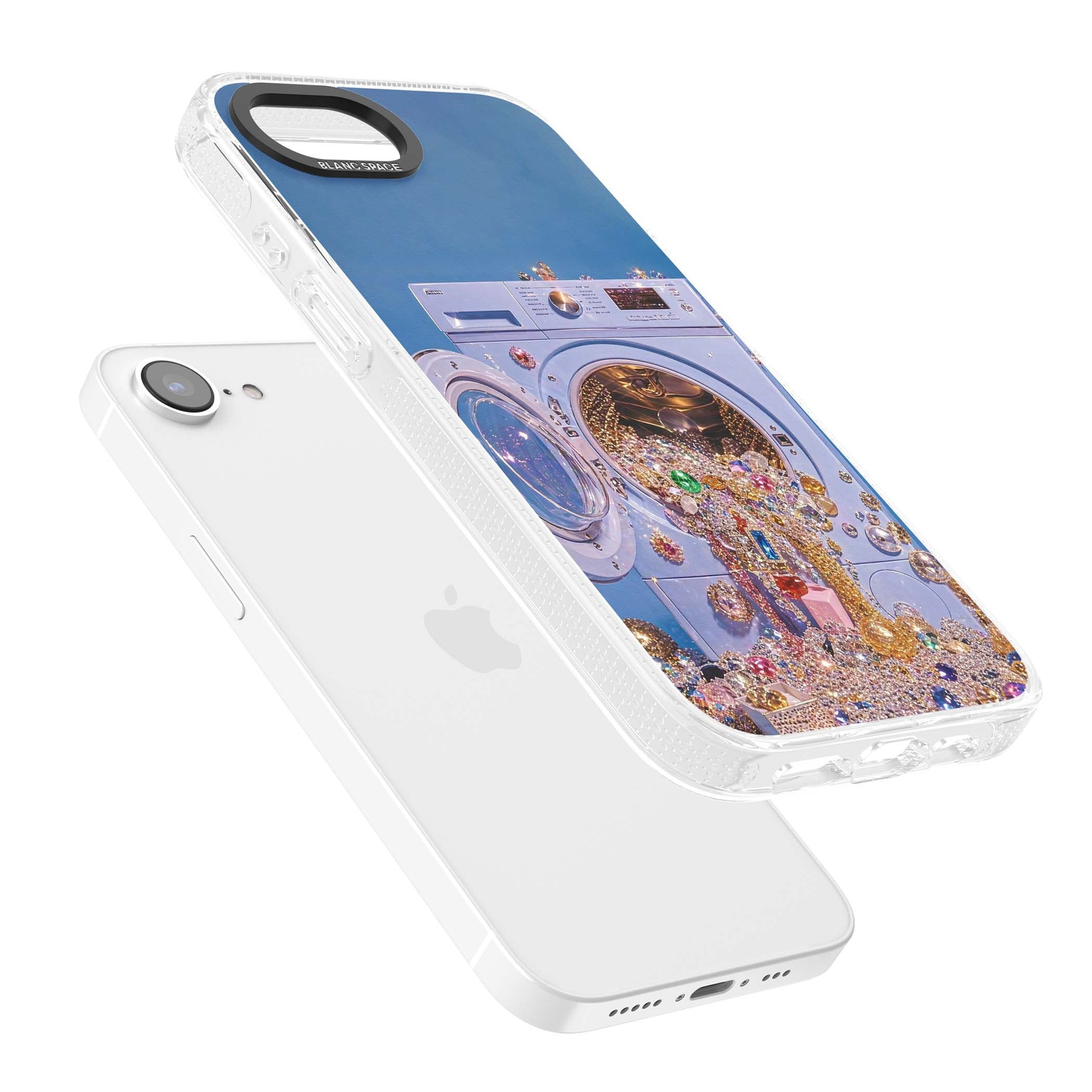 Gem Laundry baddie iPhone case featuring a surreal washing machine overflowing with colourful gemstones and crystals | Clear Case Impact Air case for iPhone 16e, iPhone 17e