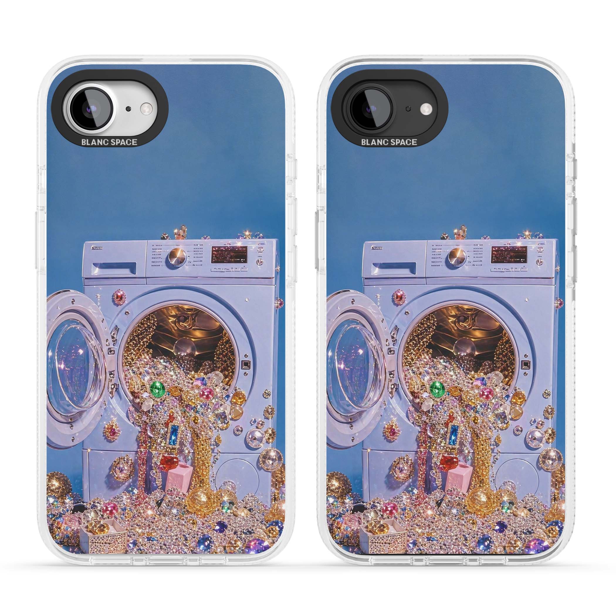 Gem Laundry baddie iPhone case featuring a surreal washing machine overflowing with colourful gemstones and crystals | Clear Case Impact Air case for iPhone 16e, iPhone 17e