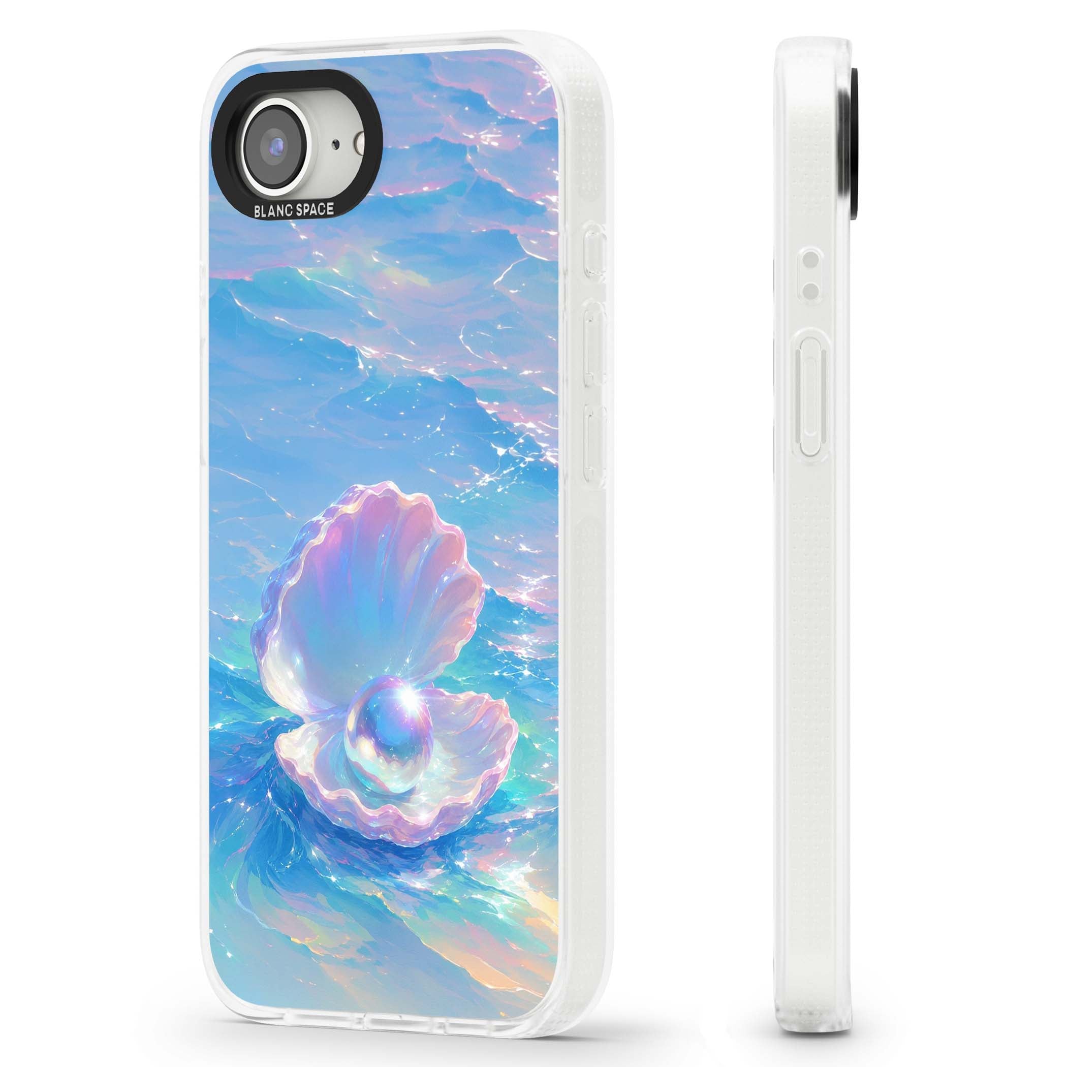 The Pearl Clam mermaidcore iPhone case featuring iridescent seashell, glowing pearl and pastel ocean waves | Clear Case Impact Air case for iPhone 16e, iPhone 17e