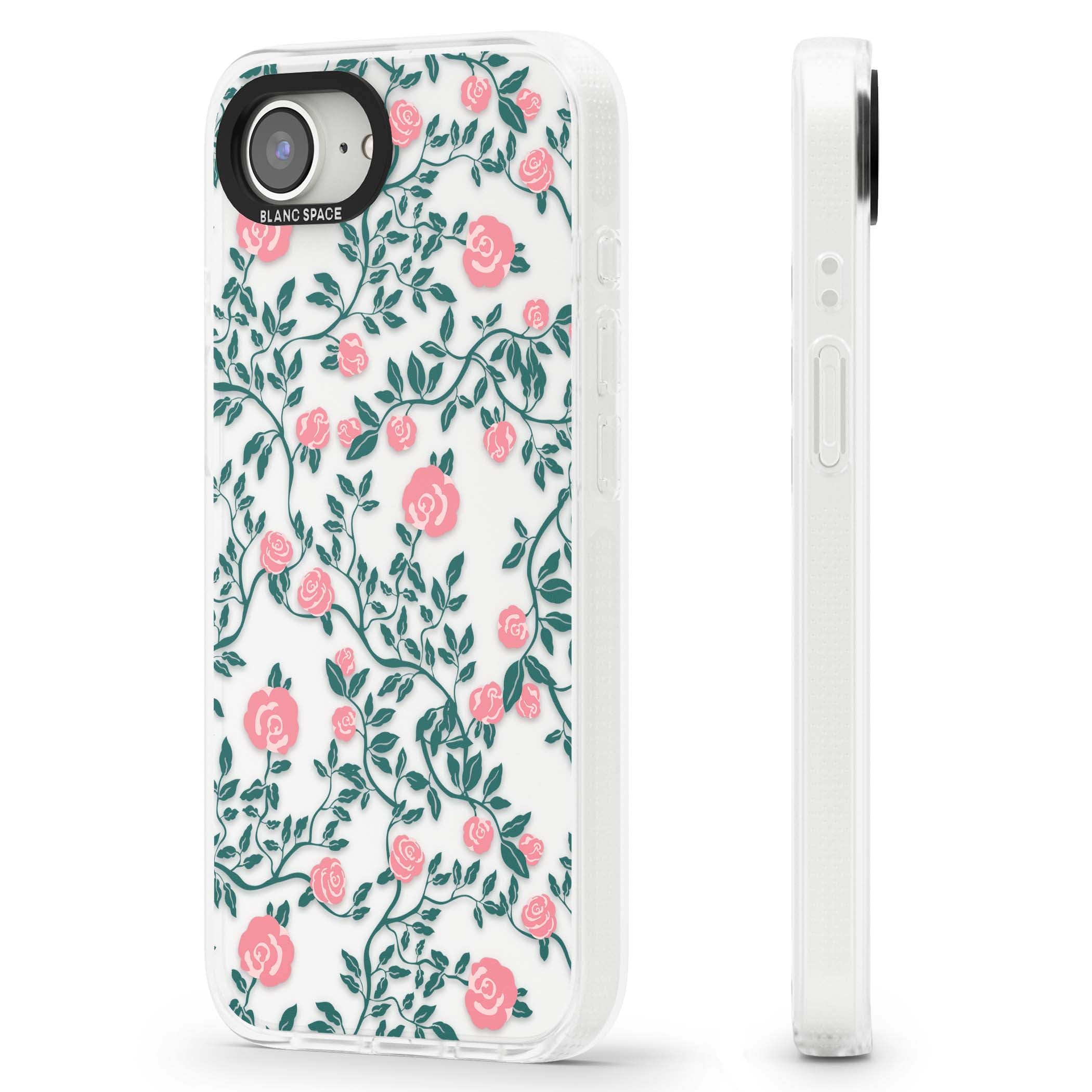Rose Trellis (Clear) cottagecore iPhone case featuring pink climbing roses and green leaves on clear background | Clear Case Impact Air case for iPhone 16e, iPhone 17e
