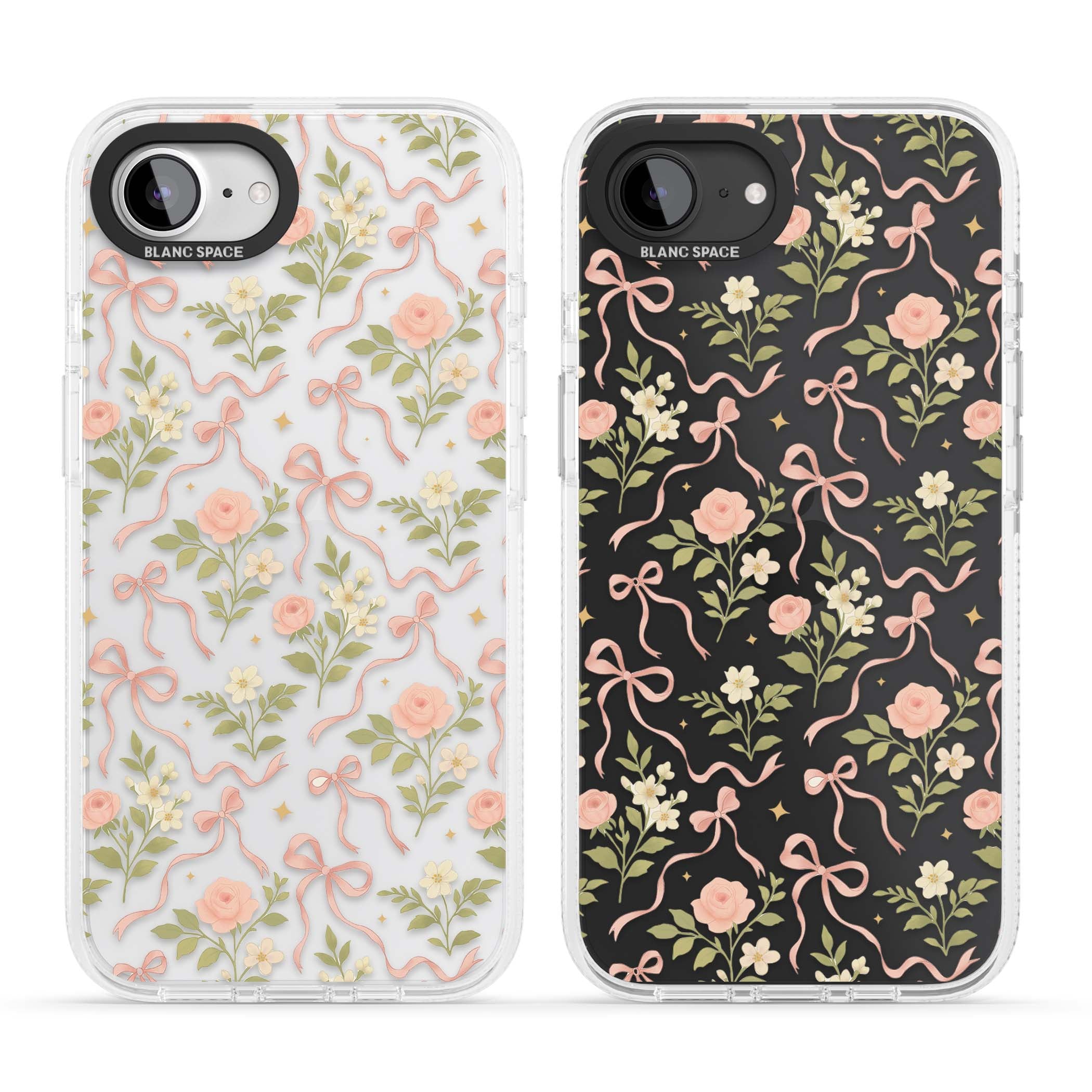Ribbon Garden coquette iPhone case featuring pink bows, peach roses and wildflowers on white background | Clear Case Impact Air case for iPhone 16e, iPhone 17e