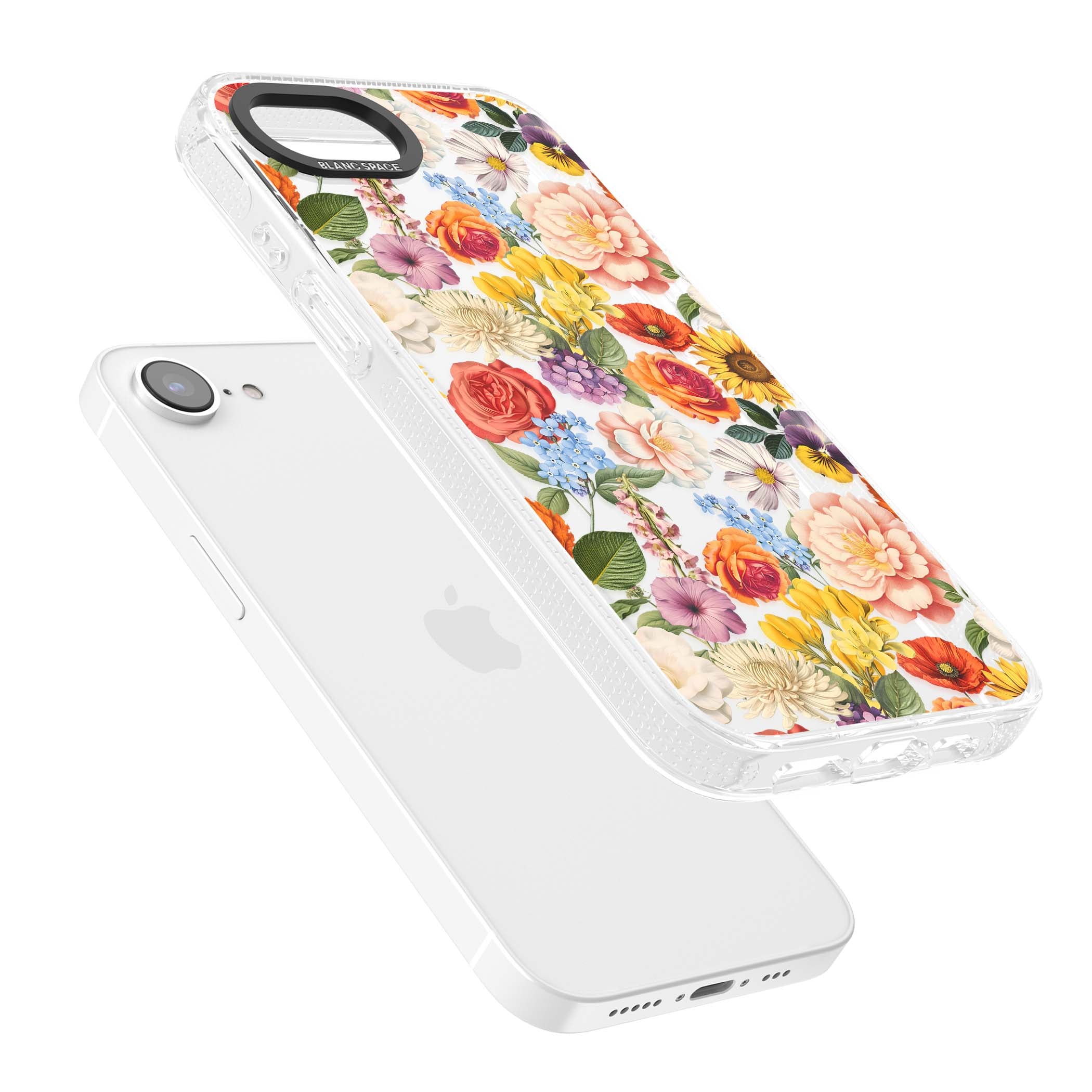 Bloom Basket floral iPhone case featuring cottage garden flowers including peonies, sunflowers, and wildflowers in pastel col | Clear Case Impact Air case for iPhone 16e, iPhone 17e