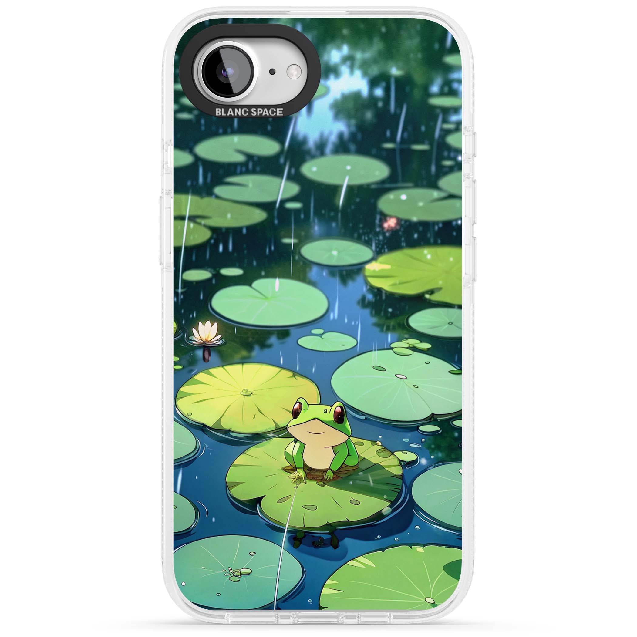 Frog In Lily Pond cottagecore iPhone case featuring a cute green frog on a lily pad with falling rain and a lotus flower | Clear Case Impact Air case for iPhone 16e, iPhone 17e