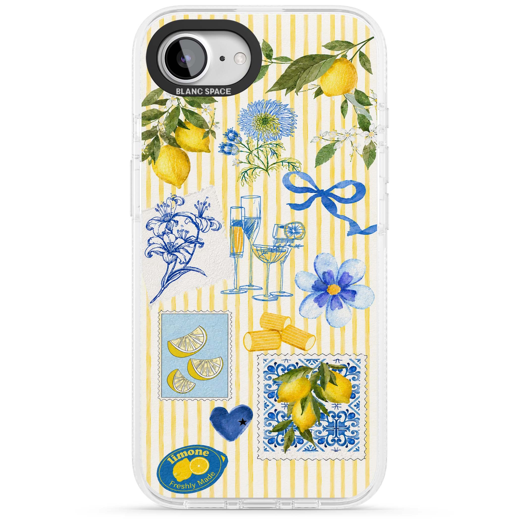 Limone Riviera Italian summer iPhone case featuring watercolour lemons, blue ribbon bows and majolica tile stamps on... | Clear Case Impact Air case for iPhone 16e, iPhone 17e