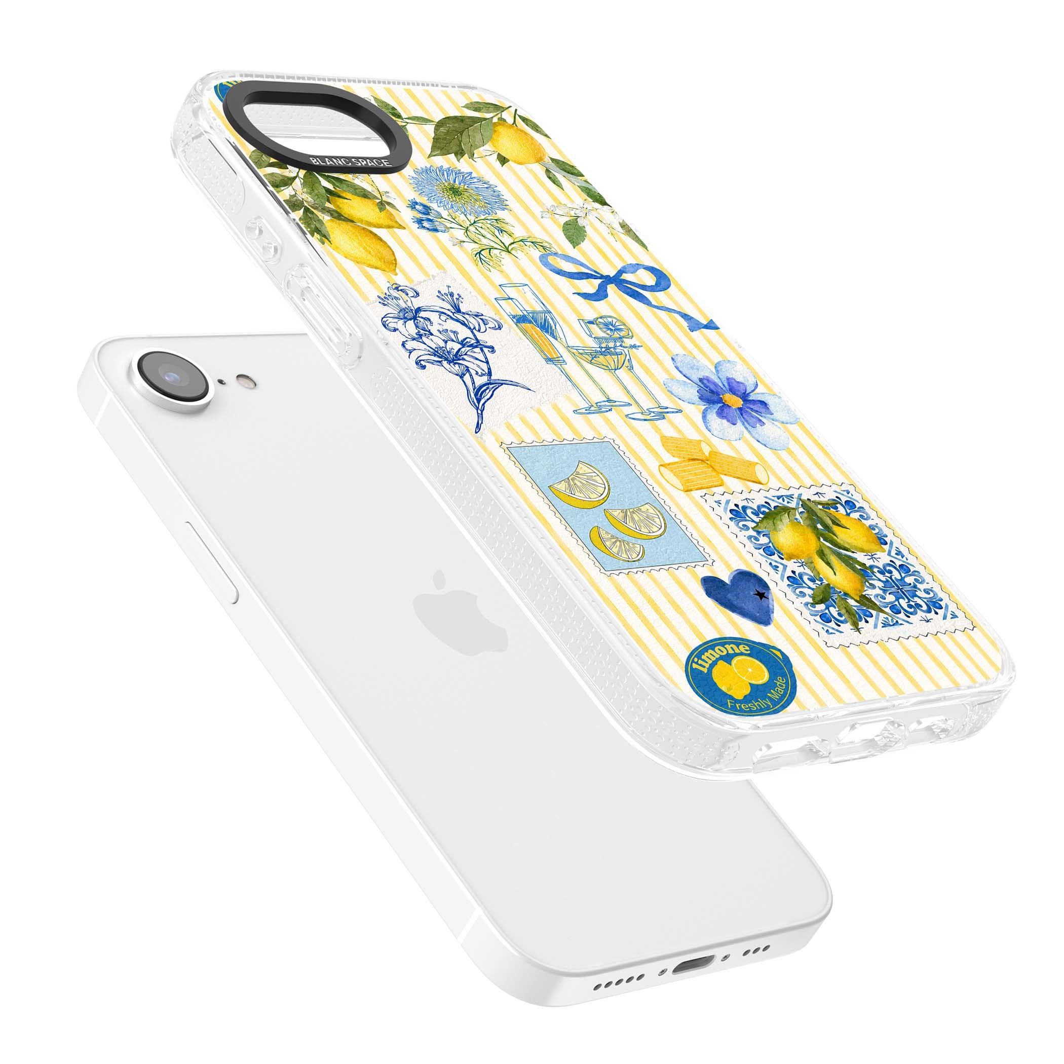 Limone Riviera Italian summer iPhone case featuring watercolour lemons, blue ribbon bows and majolica tile stamps on... | Clear Case Impact Air case for iPhone 16e, iPhone 17e