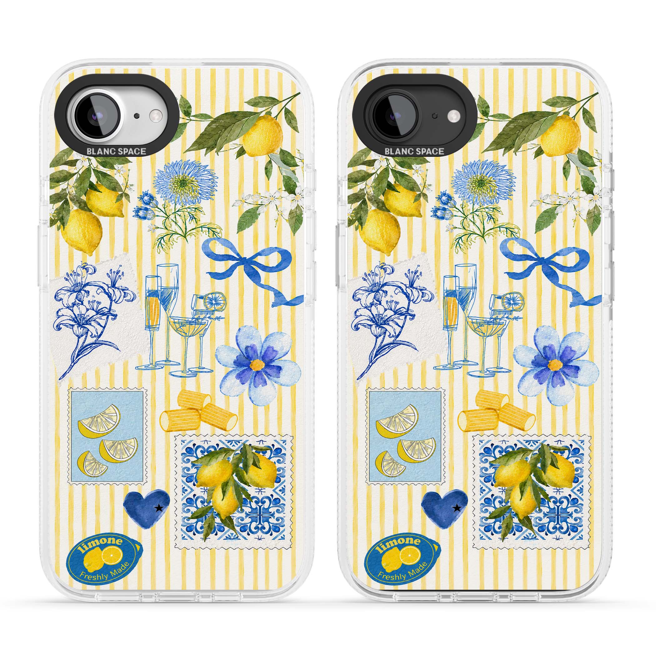 Limone Riviera Italian summer iPhone case featuring watercolour lemons, blue ribbon bows and majolica tile stamps on... | Clear Case Impact Air case for iPhone 16e, iPhone 17e