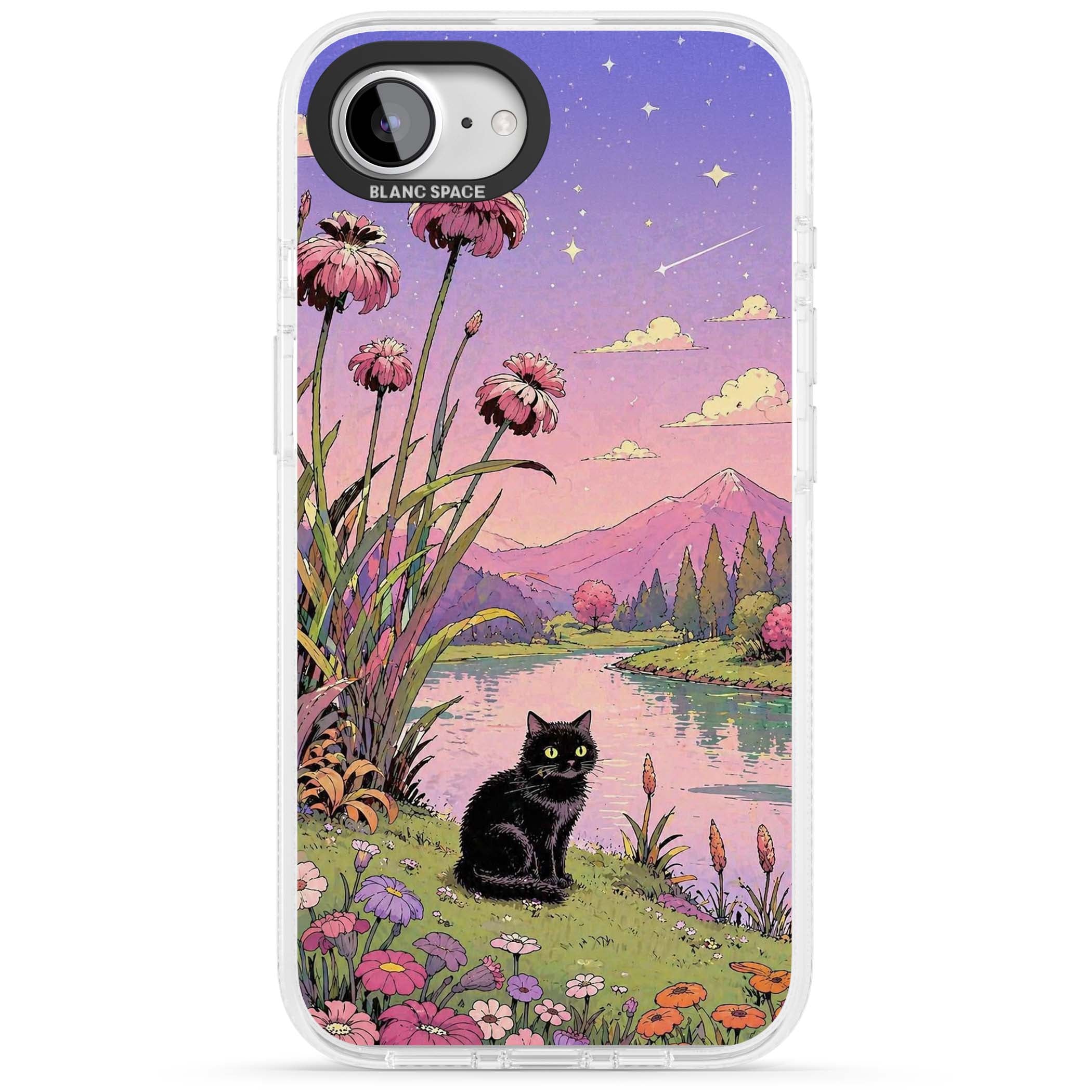 Mystic Whiskers ghibli iPhone case featuring a black cat by a pastel lake, wildflowers and a starry sunset sky | Clear Case Impact Air case for iPhone 16e, iPhone 17e