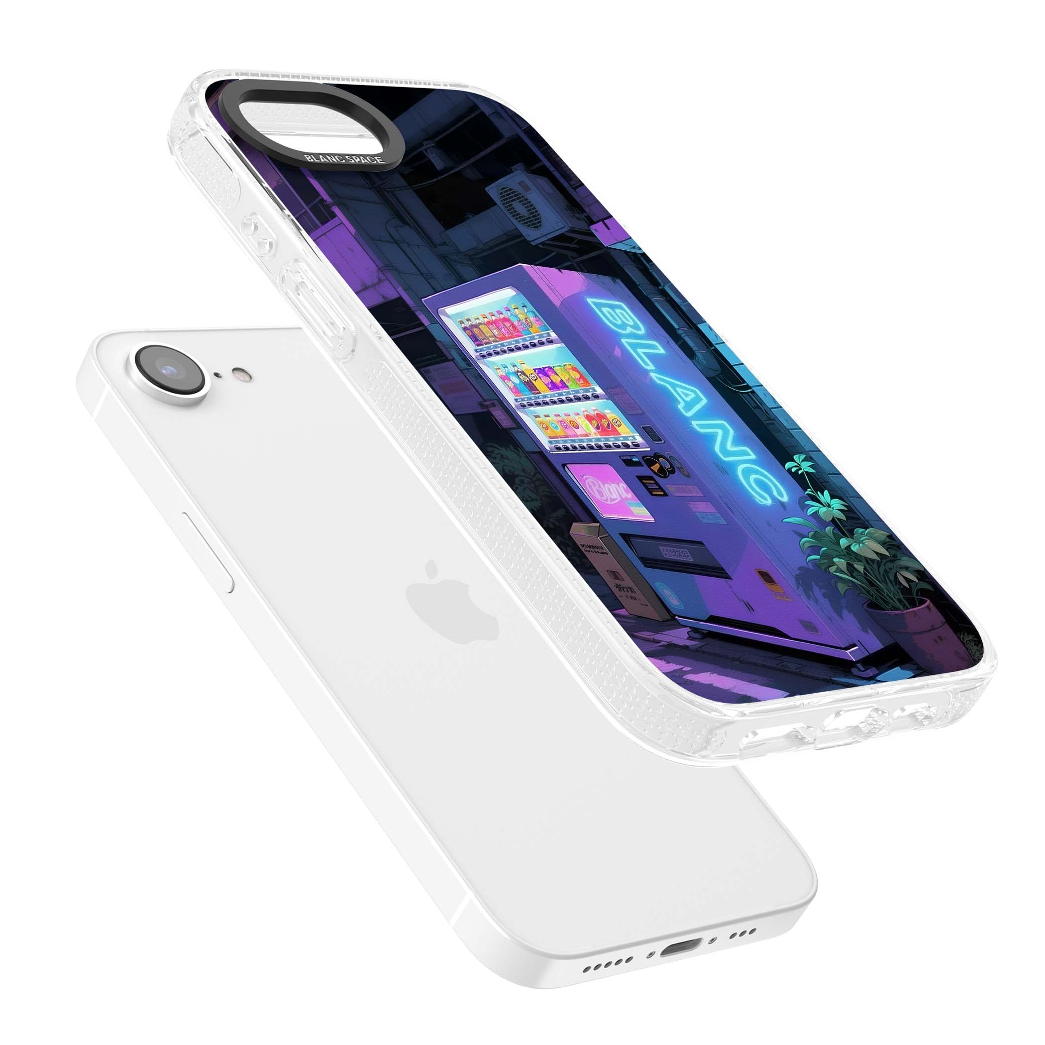 Shibuya Glow Japanese iPhone case featuring a glowing Tokyo vending machine, neon signage, and moody purple alleyway | Clear Case Impact Air case for iPhone 16e, iPhone 17e