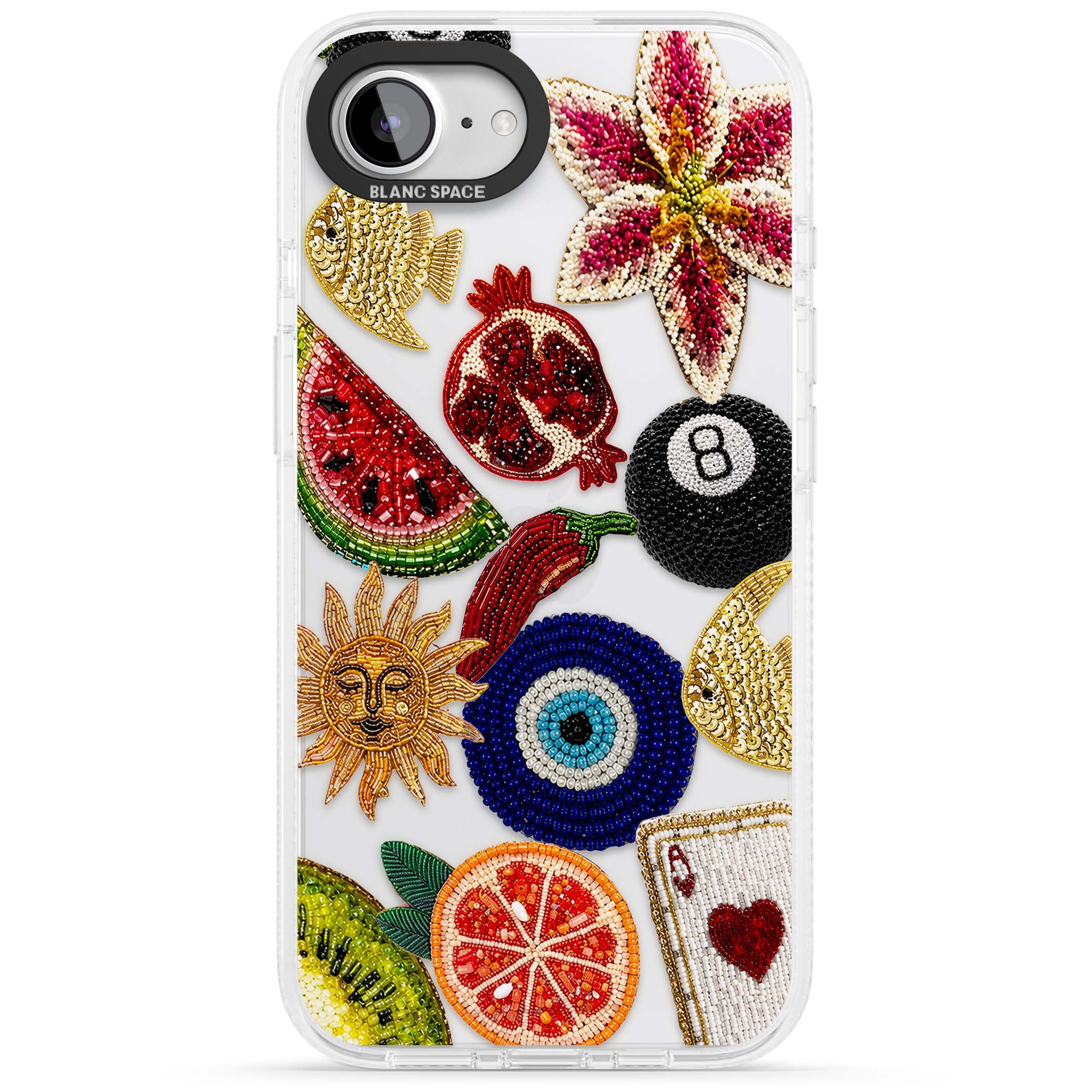 Beaded Charms embroidery iPhone case featuring beaded evil eye, fruit patches and a golden sun motif | Clear Case Impact Air case for iPhone 16e, iPhone 17e