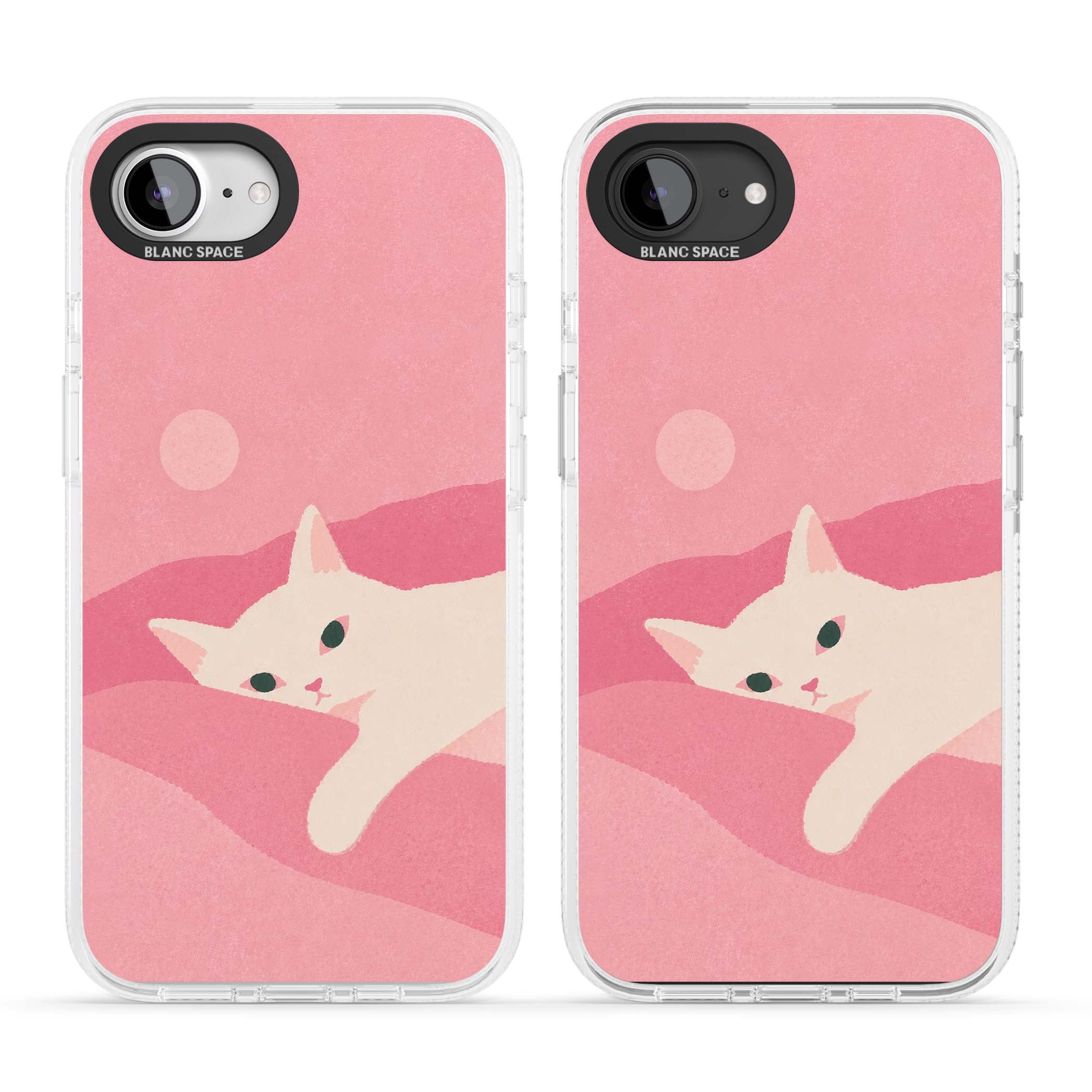 Pink Dreams cute cat iPhone case featuring a white kitten, soft pink hills and a pale pastel sun | Clear Case Impact Air case for iPhone 16e, iPhone 17e