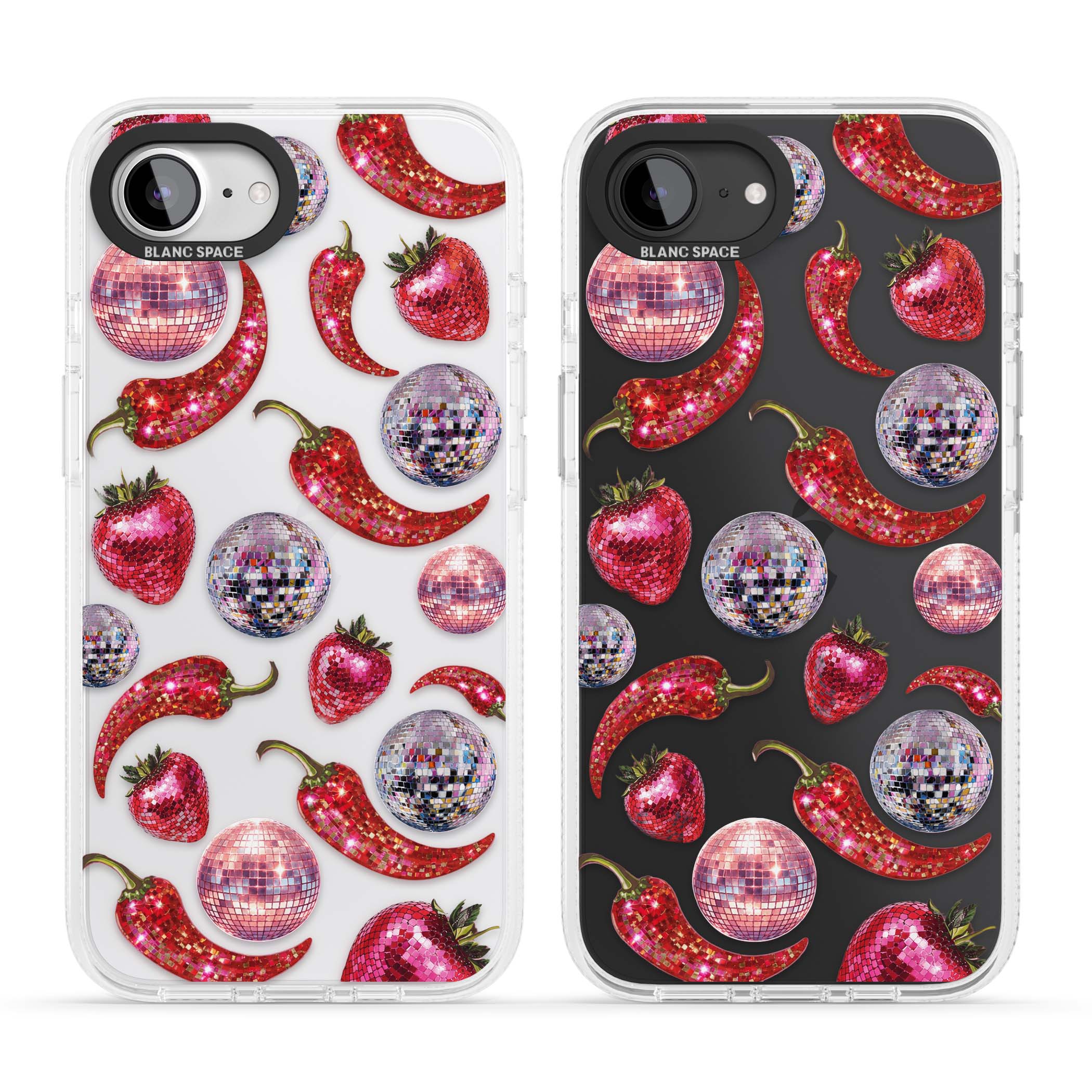 Spicy Disco Y2K iPhone case featuring glitter disco balls, sparkly strawberries and red chilli peppers | Clear Case Impact Air case for iPhone 16e, iPhone 17e