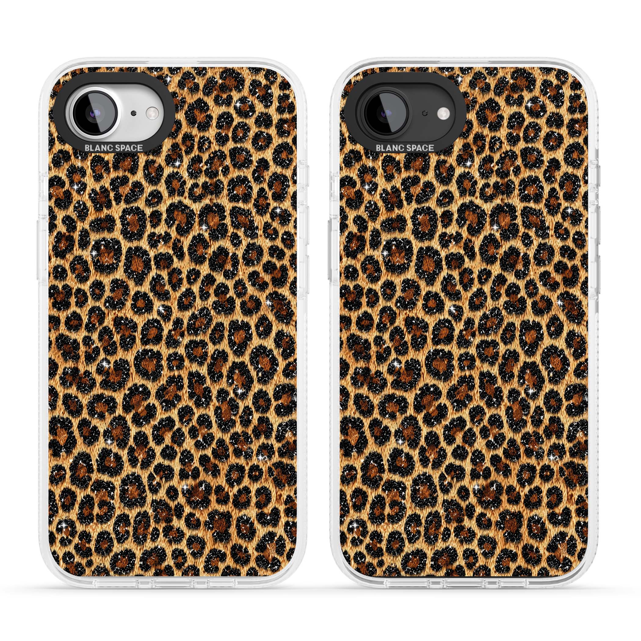 Diamond Leopard leopard print iPhone case featuring golden tan fur, black rosette spots and subtle glitter sparkle | Clear Case Impact Air case for iPhone 16e, iPhone 17e