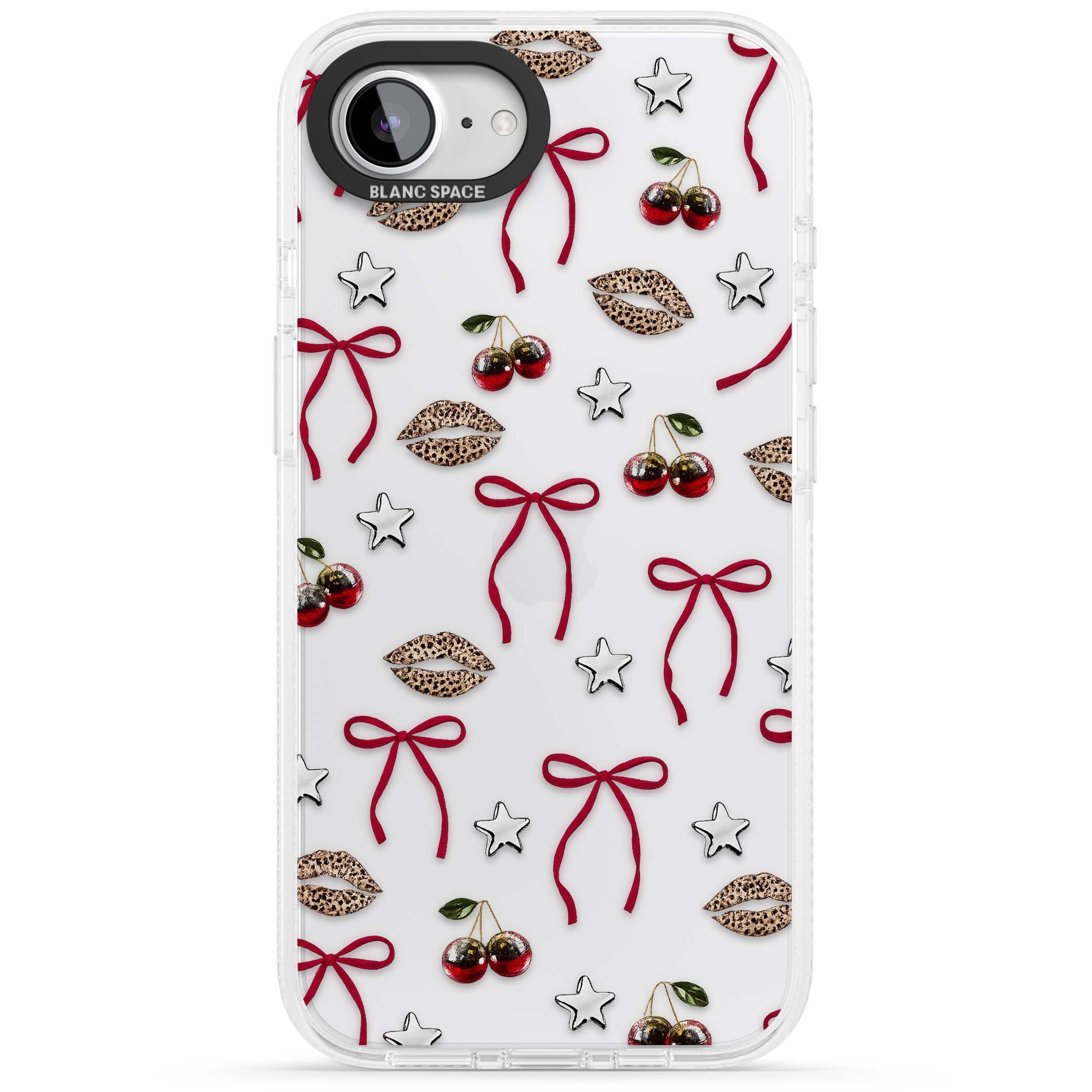 Starlet coquette iPhone case featuring red ribbon bows, disco cherries and leopard-print lips | Clear Case Impact Air case for iPhone 16e, iPhone 17e