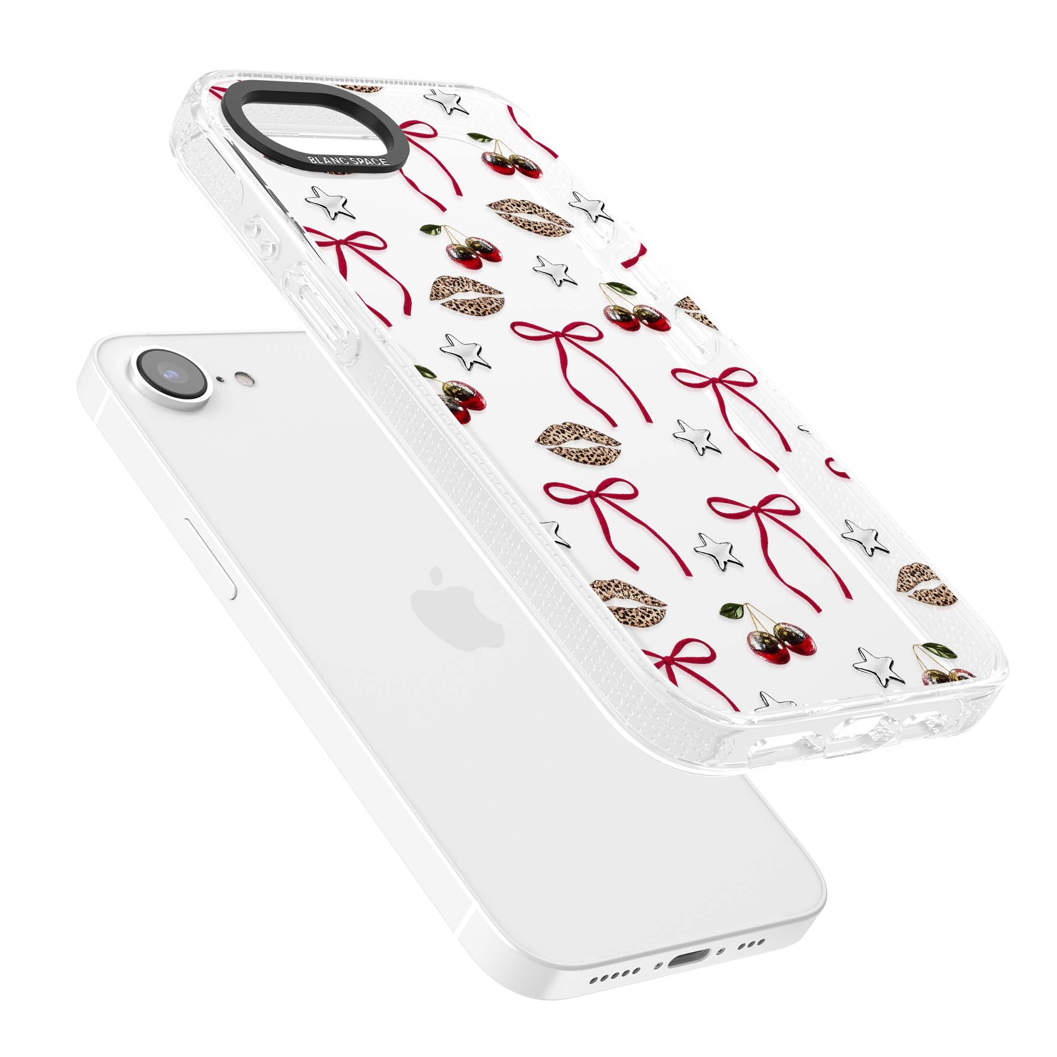 Starlet coquette iPhone case featuring red ribbon bows, disco cherries and leopard-print lips | Clear Case Impact Air case for iPhone 16e, iPhone 17e