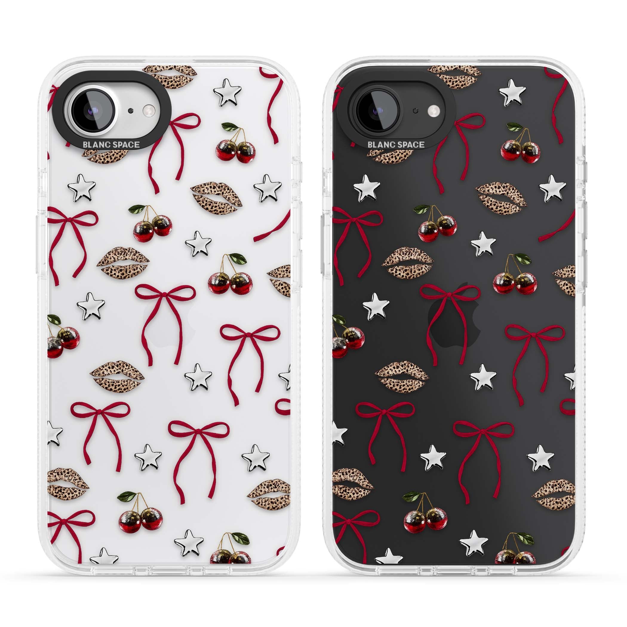 Starlet coquette iPhone case featuring red ribbon bows, disco cherries and leopard-print lips | Clear Case Impact Air case for iPhone 16e, iPhone 17e