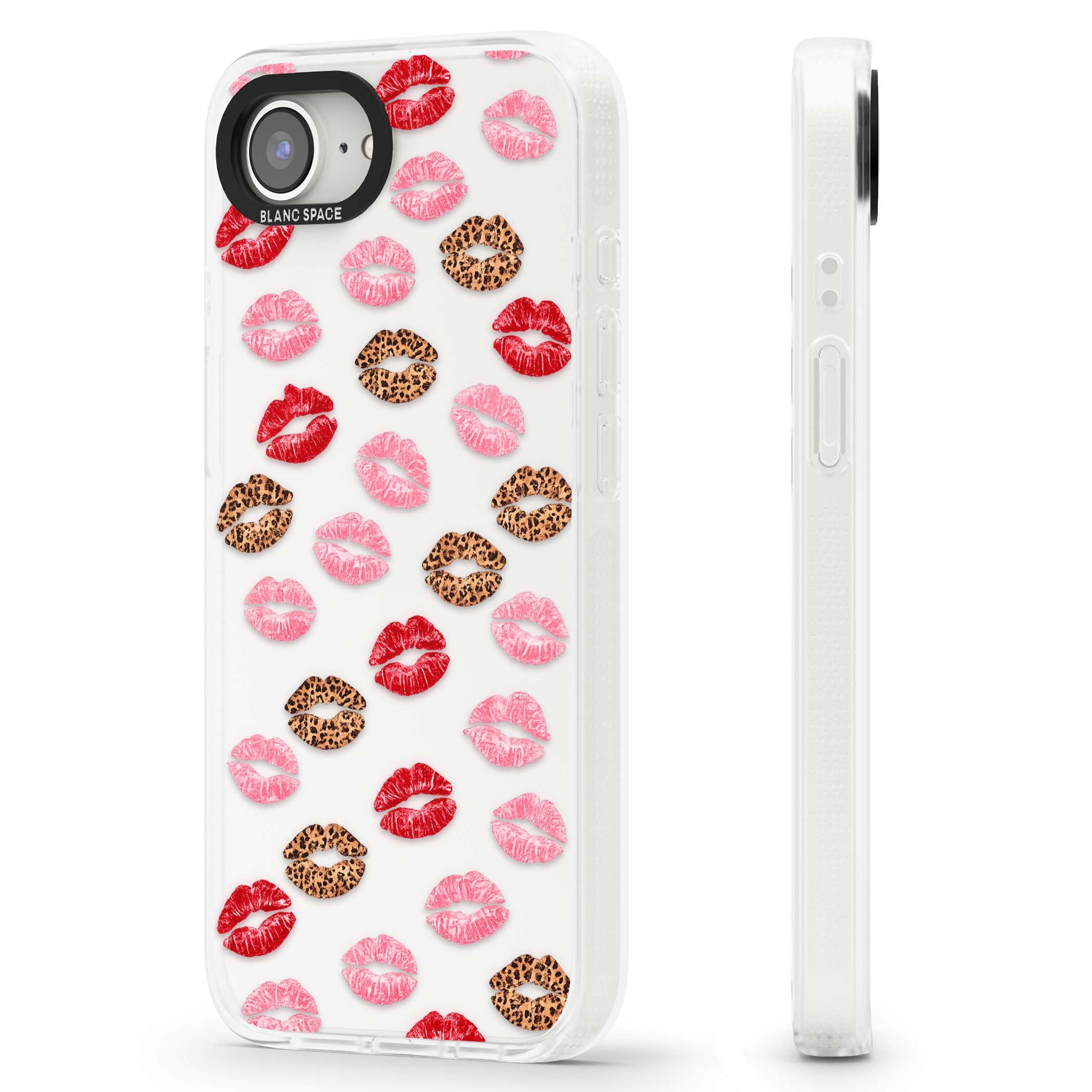 Wild Kisses coquette iPhone case featuring red, pink and leopard print lipstick kiss marks on a clear background | Clear Case Impact Air case for iPhone 16e, iPhone 17e