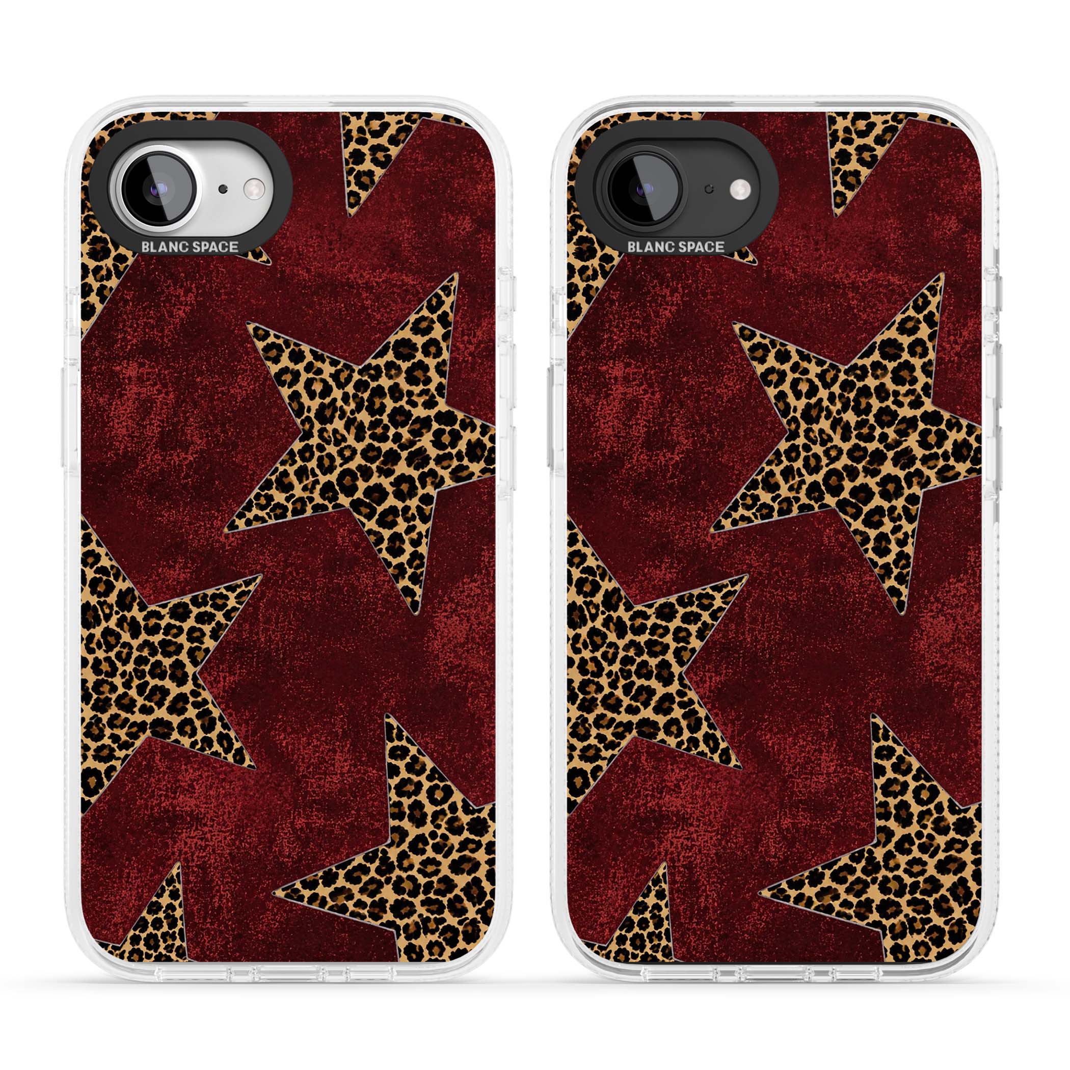 Showgirl leopard print iPhone case featuring cheetah print stars on distressed red grunge background | Clear Case Impact Air case for iPhone 16e, iPhone 17e