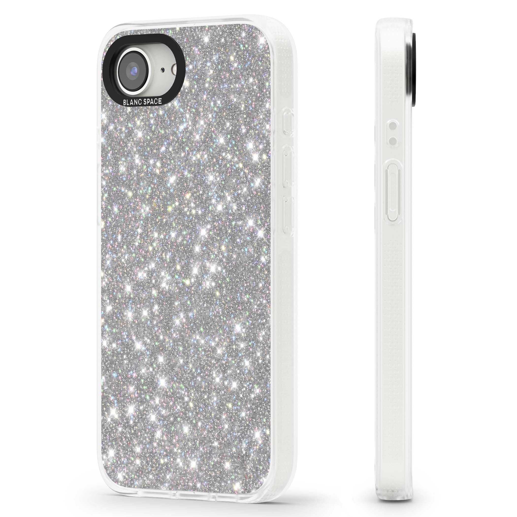 Diamond glam iPhone case featuring silver glitter sparkle and shimmering diamond dust effect | Clear Case Impact Air case for iPhone 16e, iPhone 17e