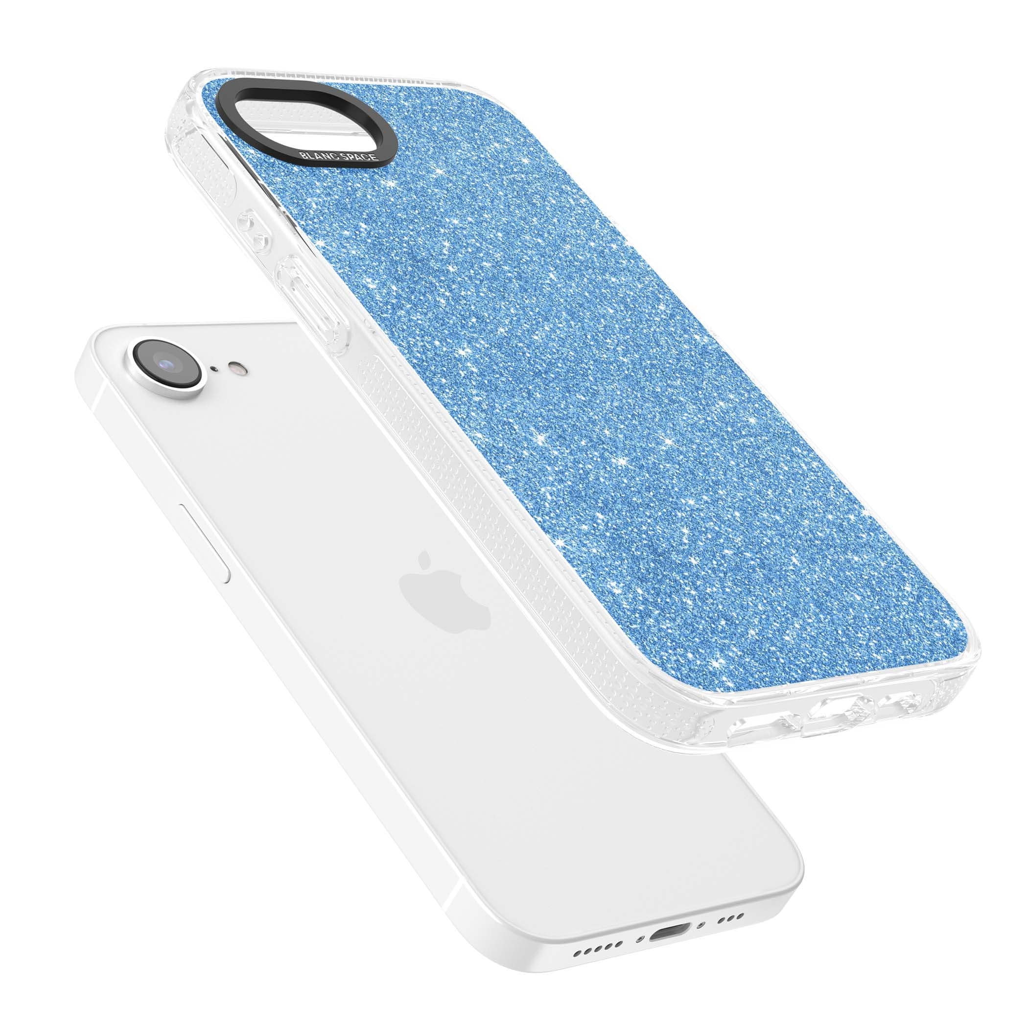 Blue Glitter blue glitter iPhone case featuring dense sparkling cerulean glitter with a glamorous shimmering finish | Clear Case Impact Air case for iPhone 16e, iPhone 17e