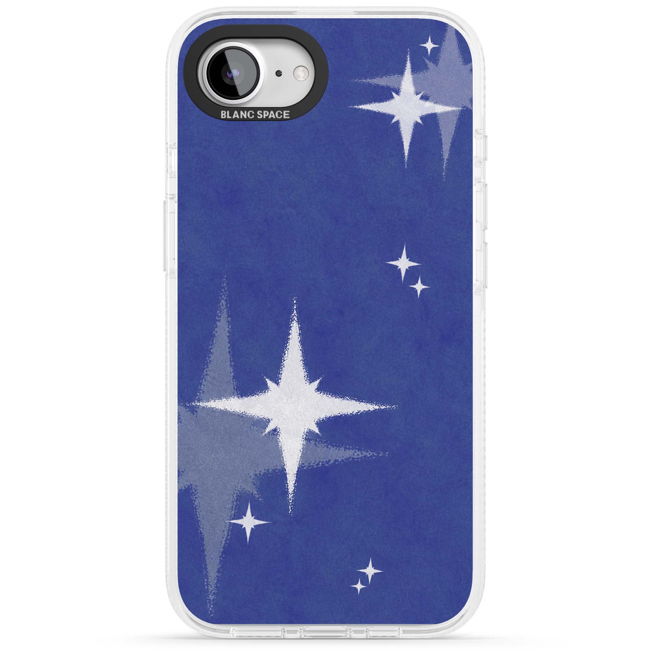 Blue Sparkle celestial iPhone case featuring sparkling silver stars on a deep blue painterly night sky | Clear Case Impact Air case for iPhone 16e, iPhone 17e