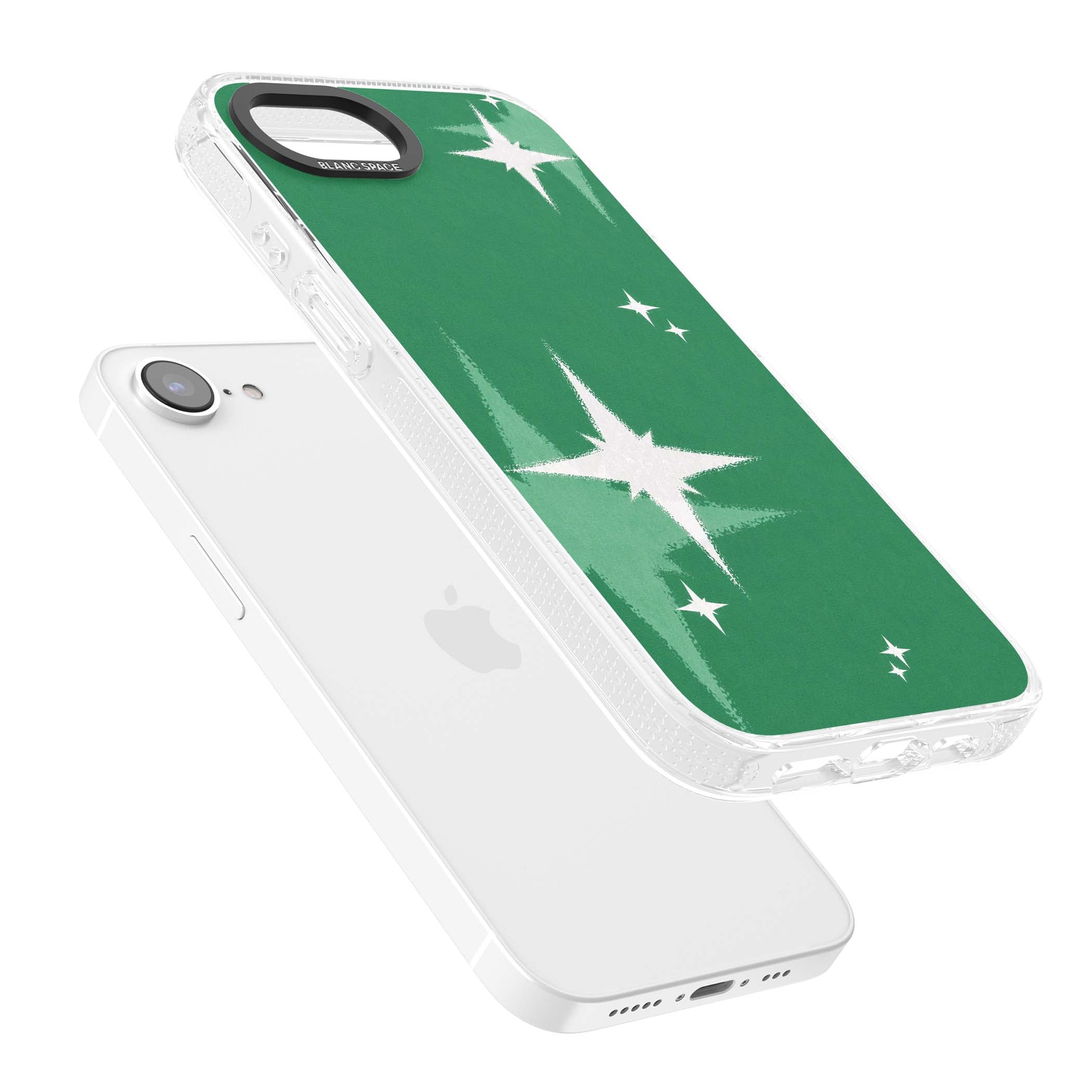 Green Sparkle celestial iPhone case featuring sparkling white four-point stars on a deep green background | Clear Case Impact Air case for iPhone 16e, iPhone 17e