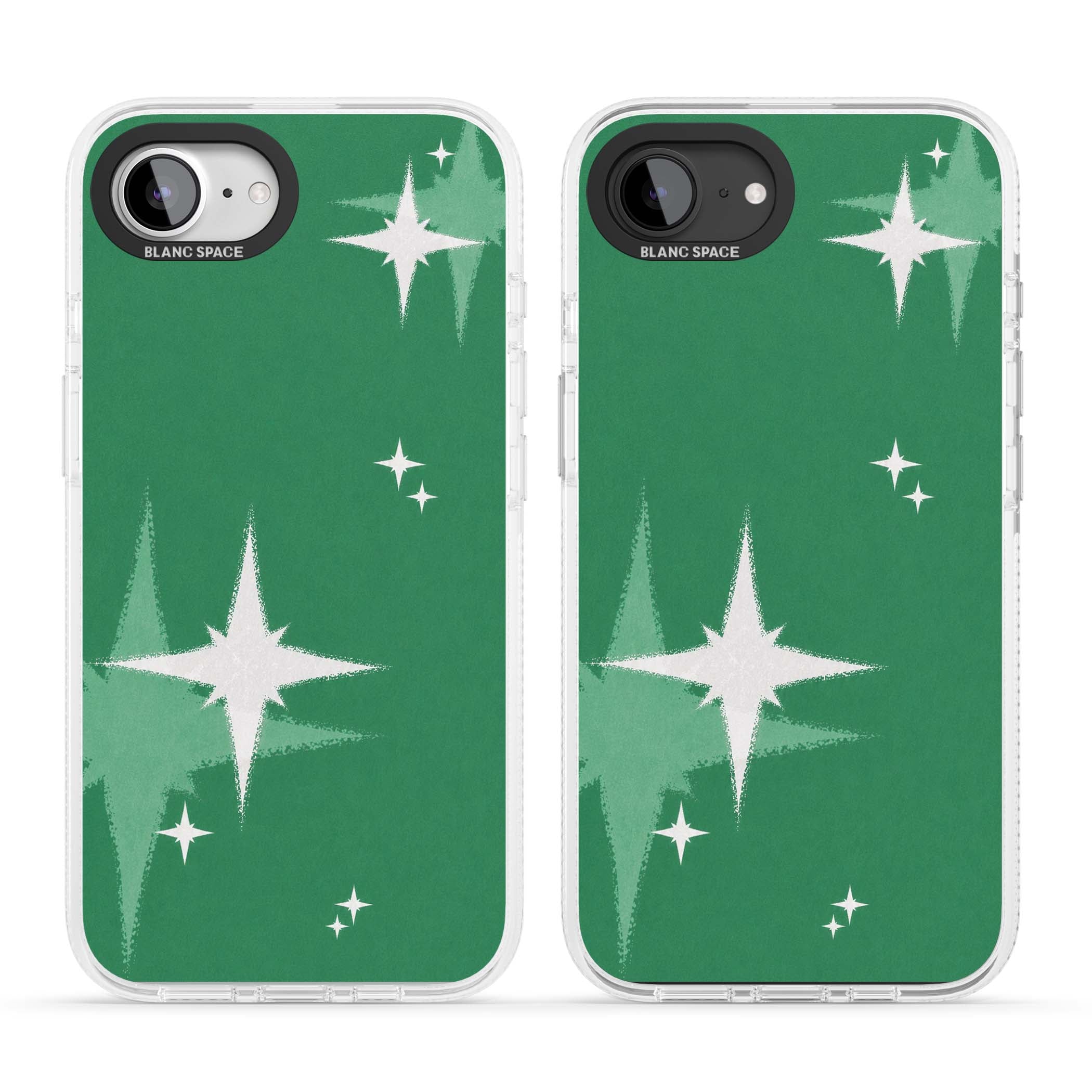 Green Sparkle celestial iPhone case featuring sparkling white four-point stars on a deep green background | Clear Case Impact Air case for iPhone 16e, iPhone 17e