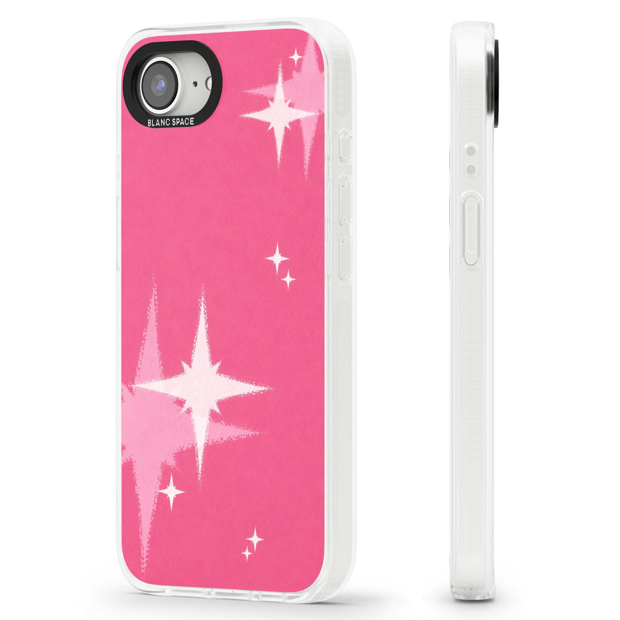 Pink Sparkle Y2K iPhone case featuring hot pink background with shimmering white starburst pattern | Clear Case Impact Air case for iPhone 16e, iPhone 17e