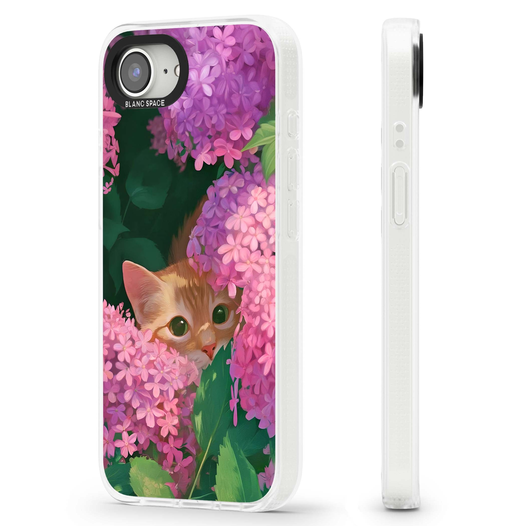 Cat In Pink Flowers cottagecore iPhone case featuring a ginger kitten peeking through lilac and pink hydrangea flo | Clear Case Impact Air case for iPhone 16e, iPhone 17e