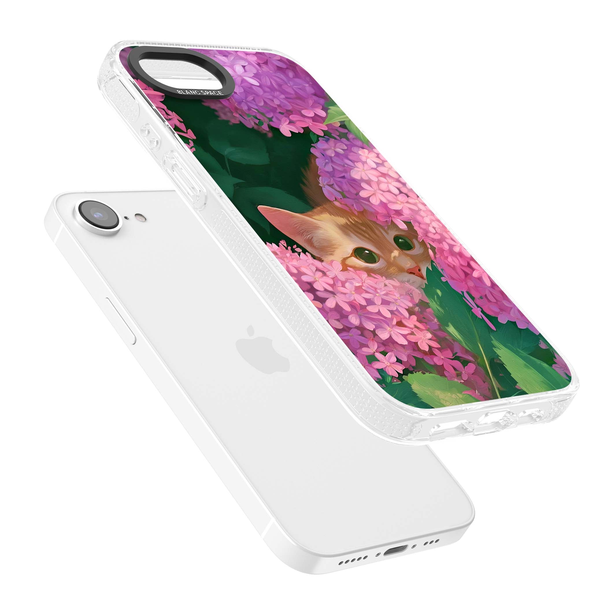 Cat In Pink Flowers cottagecore iPhone case featuring a ginger kitten peeking through lilac and pink hydrangea flo | Clear Case Impact Air case for iPhone 16e, iPhone 17e