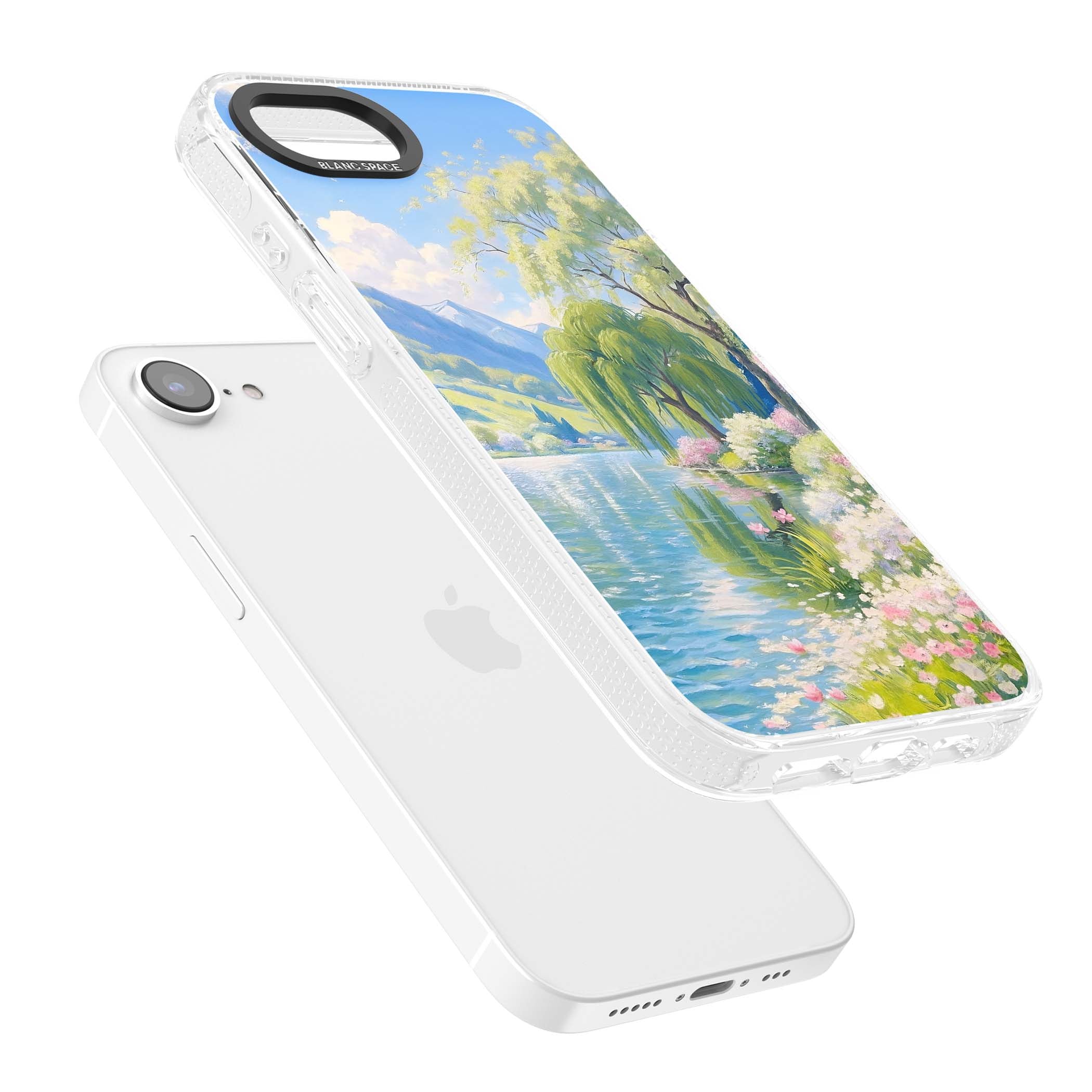 Willow Lake cottagecore iPhone case featuring a painted lakeside with weeping willow, blossoms and distant mountains | Clear Case Impact Air case for iPhone 16e, iPhone 17e