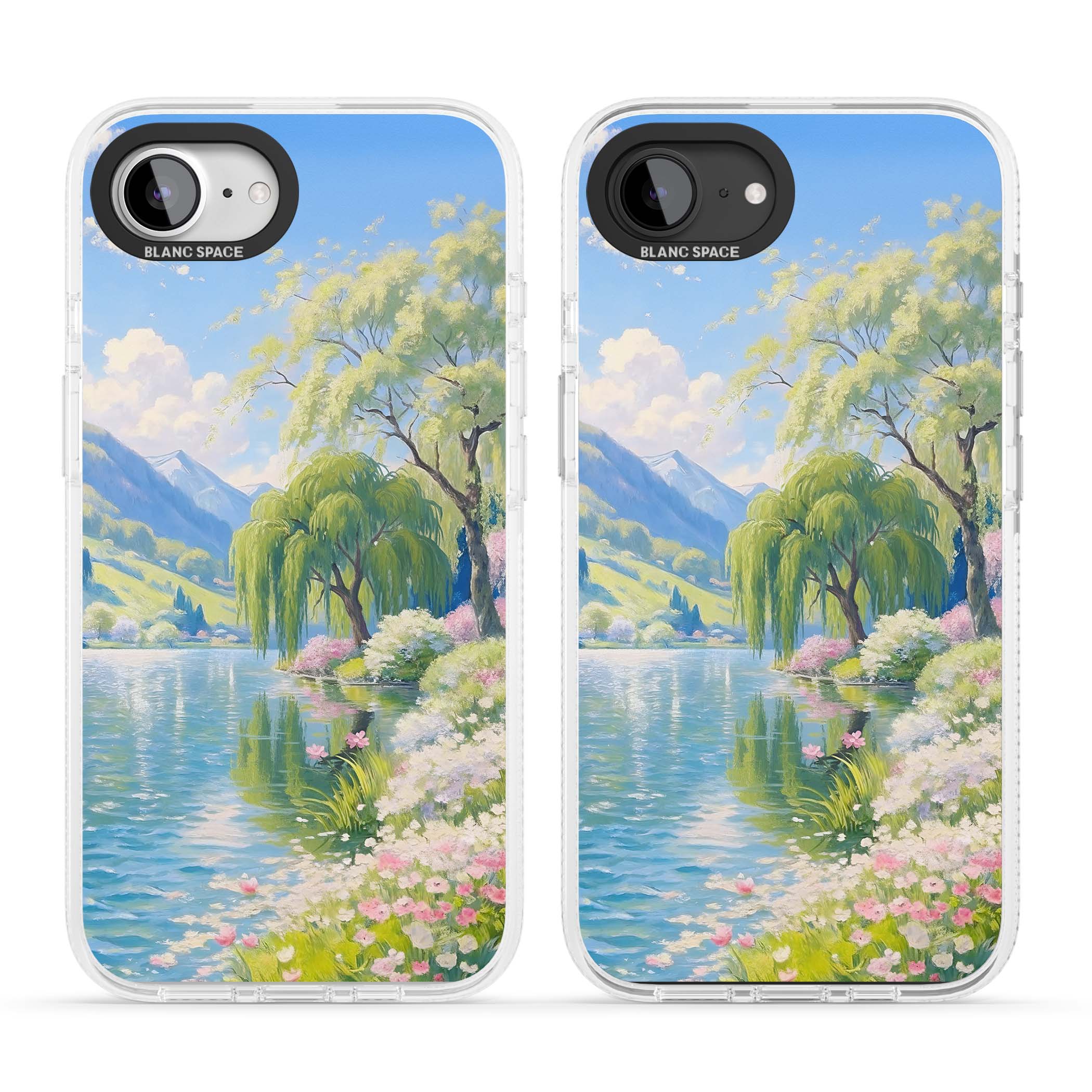 Willow Lake cottagecore iPhone case featuring a painted lakeside with weeping willow, blossoms and distant mountains | Clear Case Impact Air case for iPhone 16e, iPhone 17e