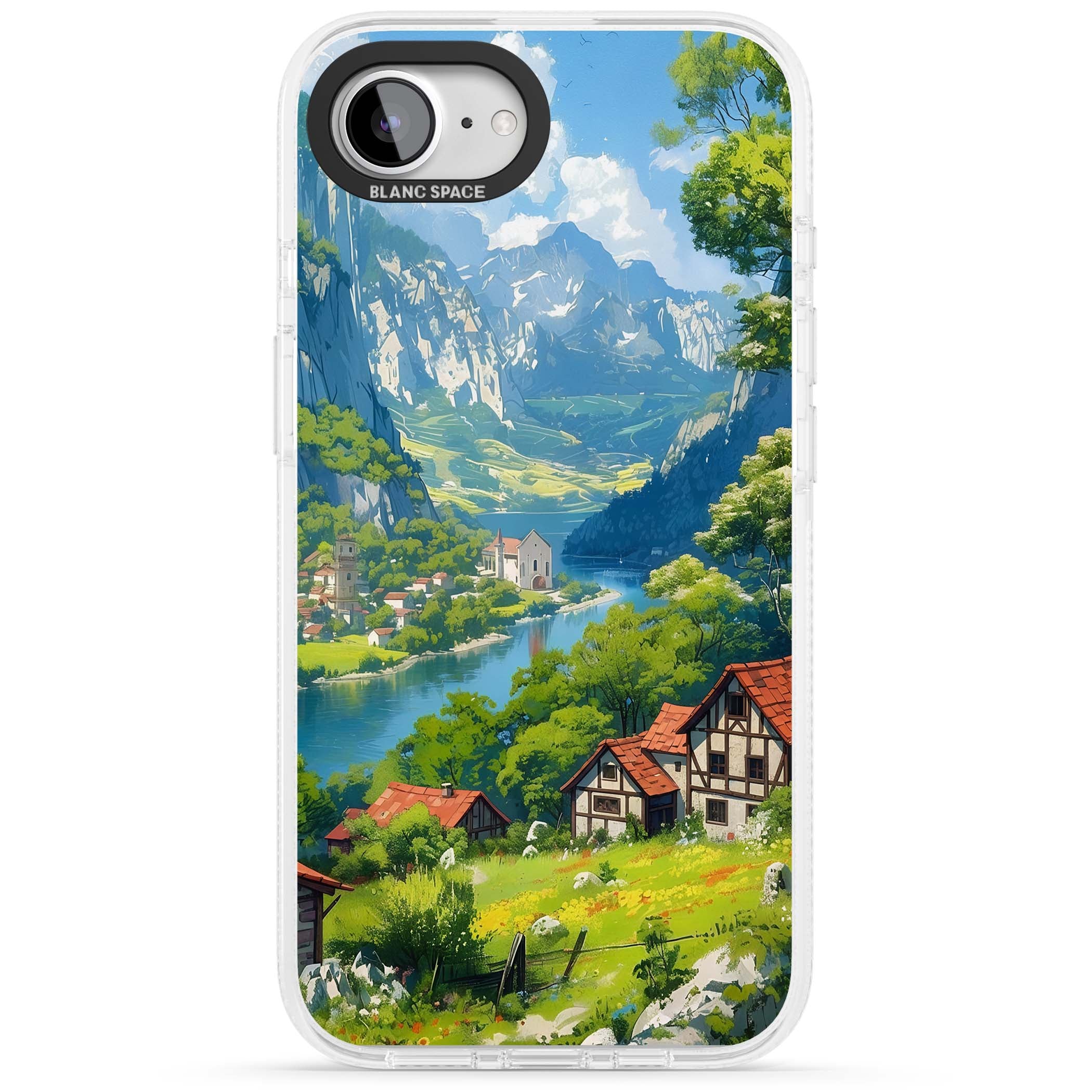 Village In The Valley anime iPhone case featuring a painted mountain village, river valley and half-timbered cottages. | Clear Case Impact Air case for iPhone 16e, iPhone 17e