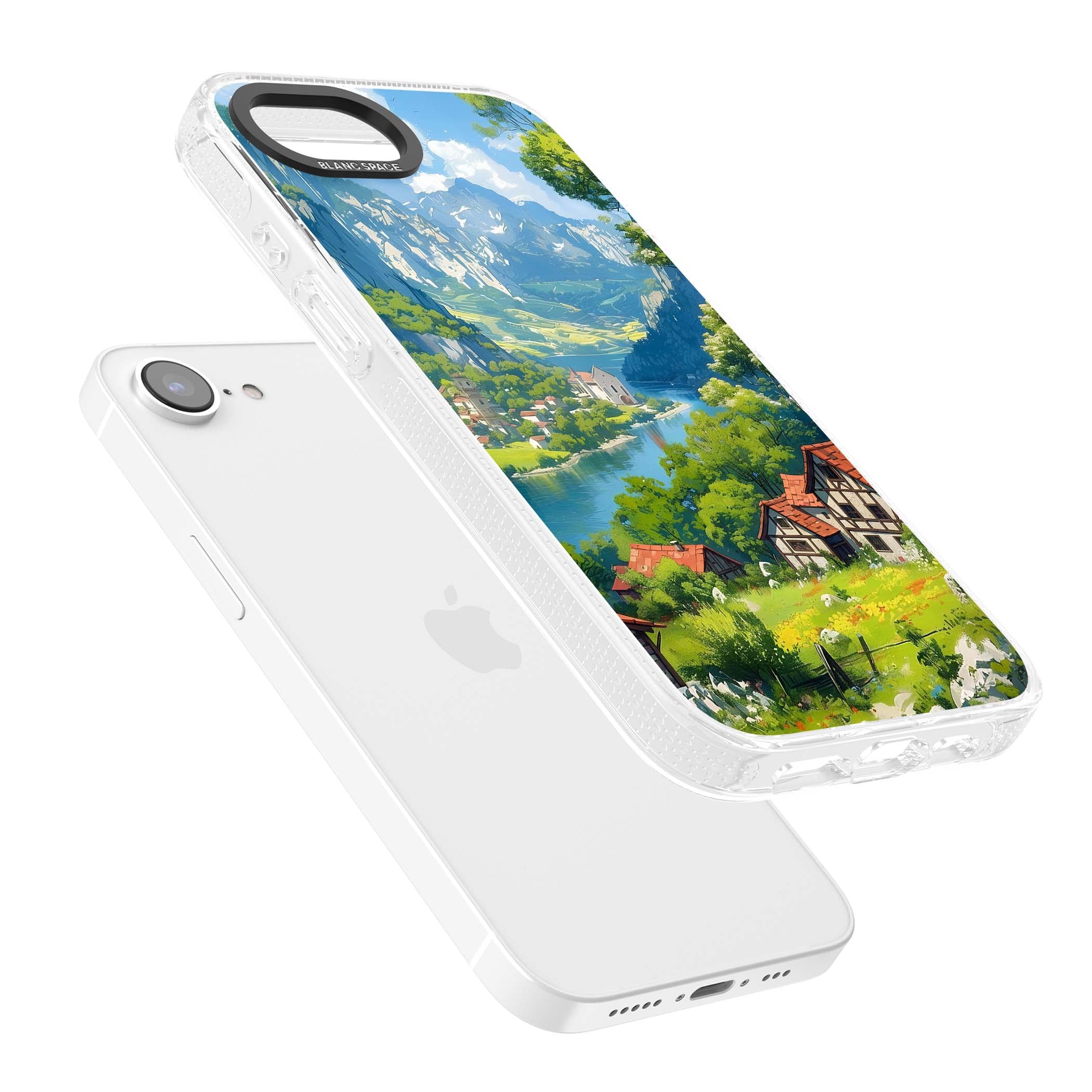 Village In The Valley anime iPhone case featuring a painted mountain village, river valley and half-timbered cottages. | Clear Case Impact Air case for iPhone 16e, iPhone 17e