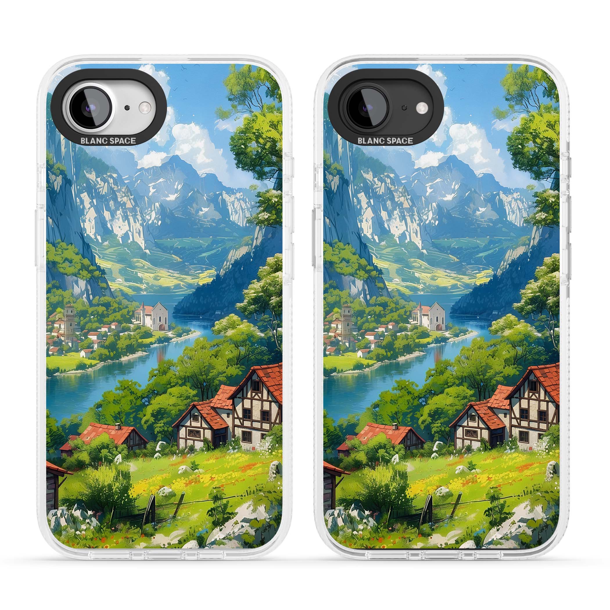 Village In The Valley anime iPhone case featuring a painted mountain village, river valley and half-timbered cottages. | Clear Case Impact Air case for iPhone 16e, iPhone 17e