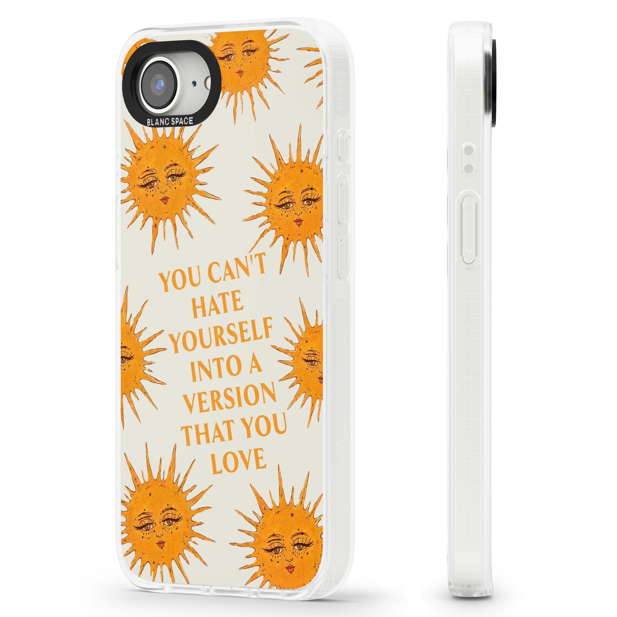 Don't Hate Yourself celestial iPhone case featuring vintage sun faces, ochre rays and a self-love quote | Clear Case Impact Air case for iPhone 16e, iPhone 17e