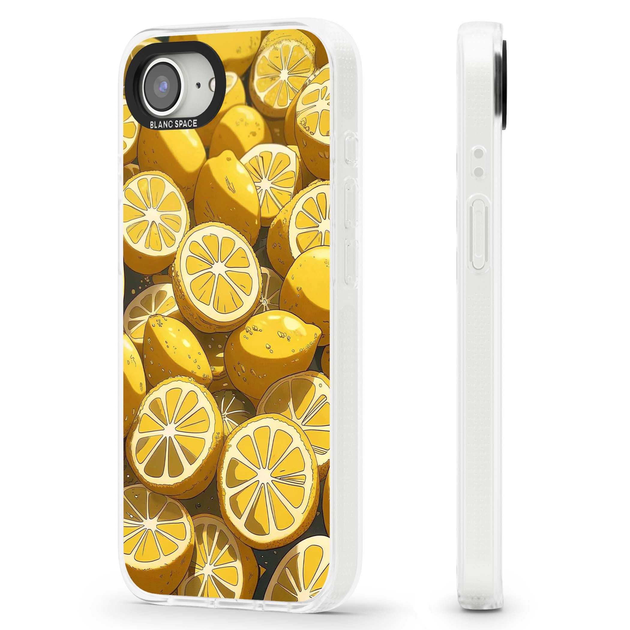 Zesty coastal iPhone case featuring illustrated Mediterranean lemons and citrus slices in golden yellow | Clear Case Impact Air case for iPhone 16e, iPhone 17e