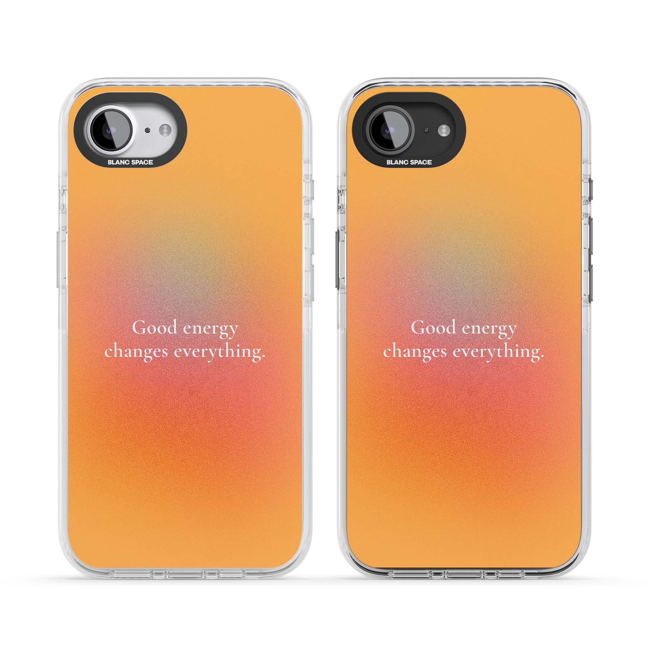 Good Energy quote iPhone case featuring an orange and pink aura gradient with white serif affirmation text | Clear Impact case for iPhone 16e, iPhone 17e