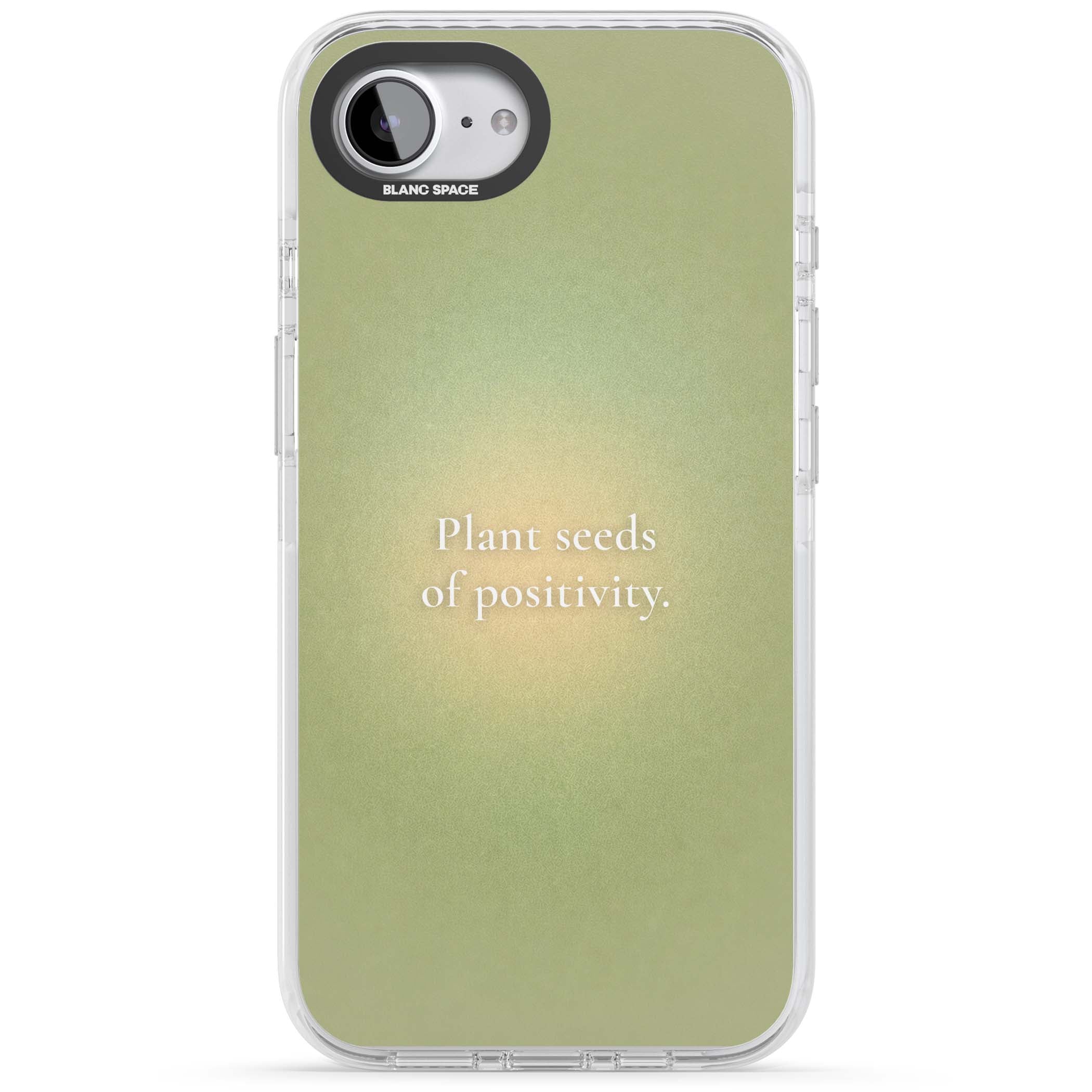 Seeds of Positivity quote iPhone case featuring a sage green aura gradient and golden glow affirmation | Clear Impact case for iPhone 16e, iPhone 17e
