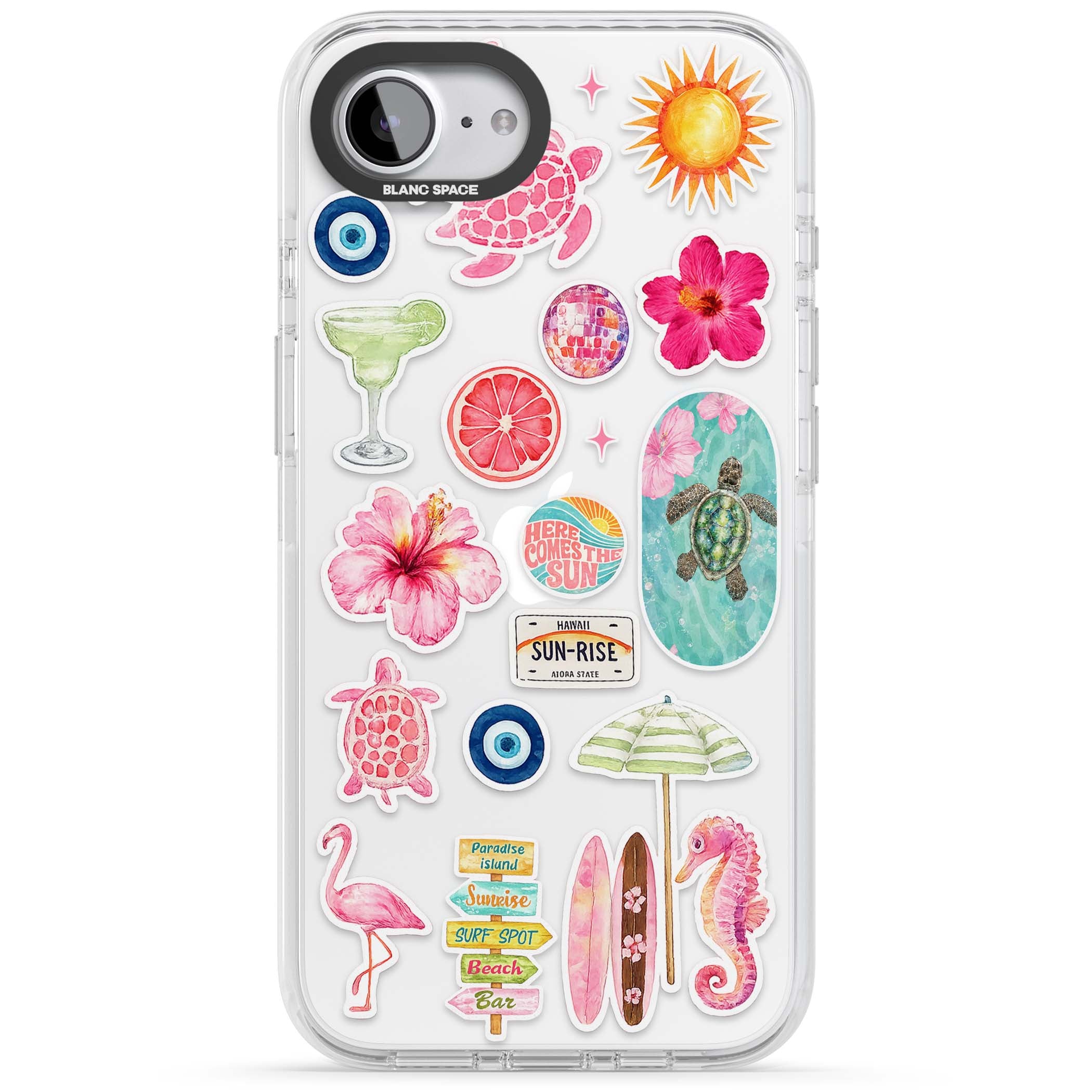 Aloha Sticker Mix tropical summer iPhone case featuring pink hibiscus, sea turtles, flamingo and beach umbrella stickers | Clear Impact case for iPhone 16e, iPhone 17e